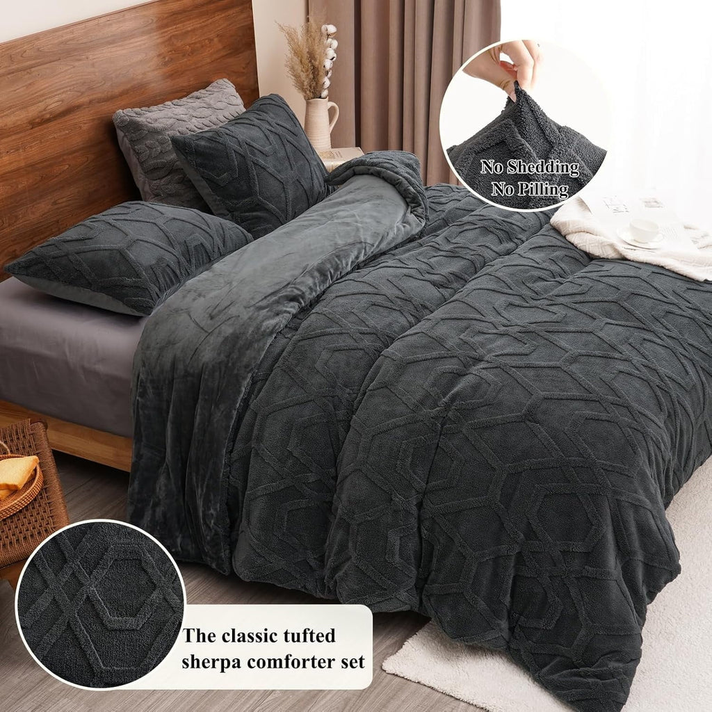 Luxurious Quilted Warm Sherpa Fleece Queen Comforter Set, 3D Tufted Fluffy Dark Grey Bedding for Winter, Soft 3 Pieces Shaggy Bed Set, ... - Hypoallergenic Ultra-Fluffy Quilt for Winter Detail
