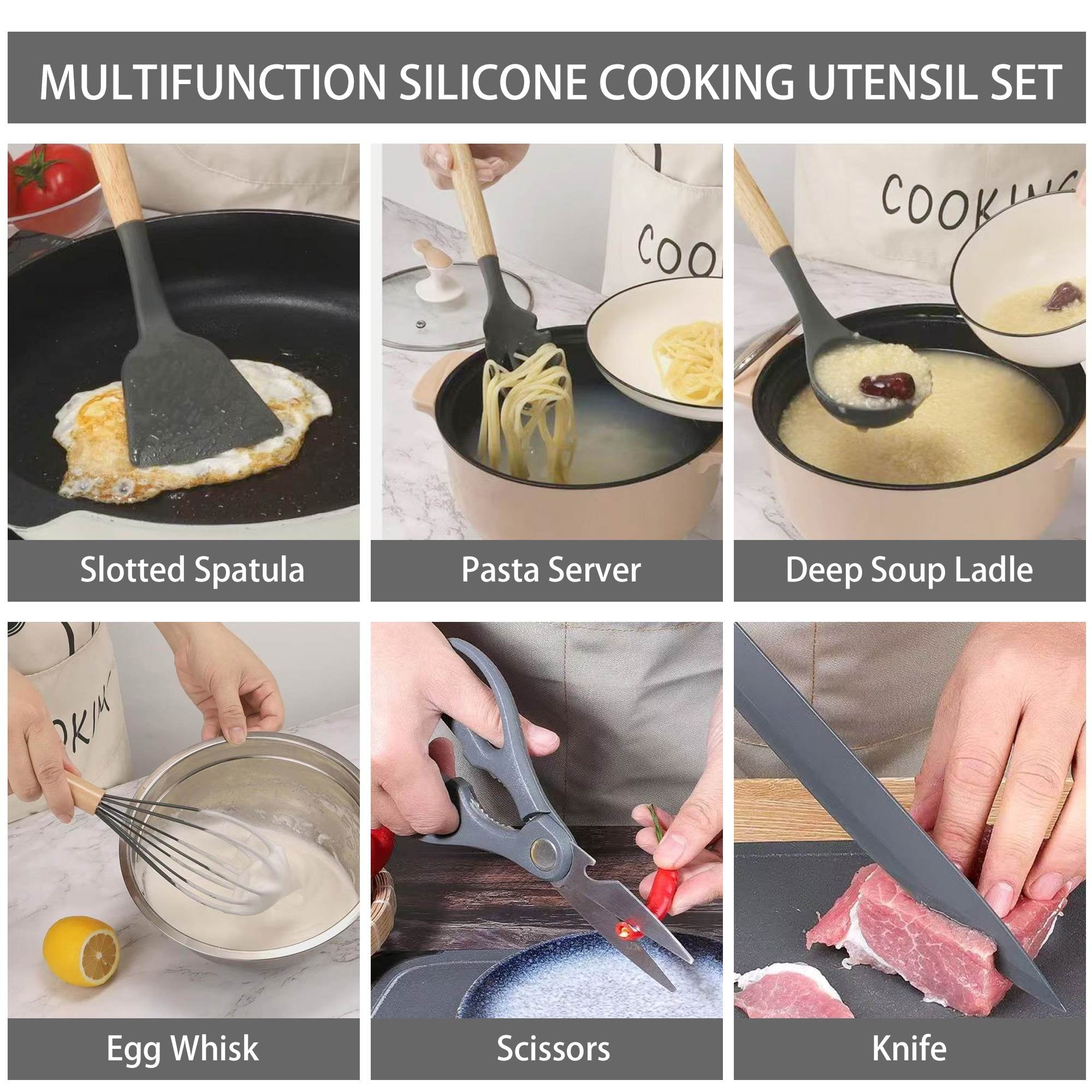 Ergonomic Cooking 19-Piece Silicone Kitchen Utensil & Knife Set - Heat-Resistant Cooking Tools Non-Stick Safe Gift for Mom or Wo... - Ergonomic Kitchen Tongs and Cooking Spoon Utensil Detail