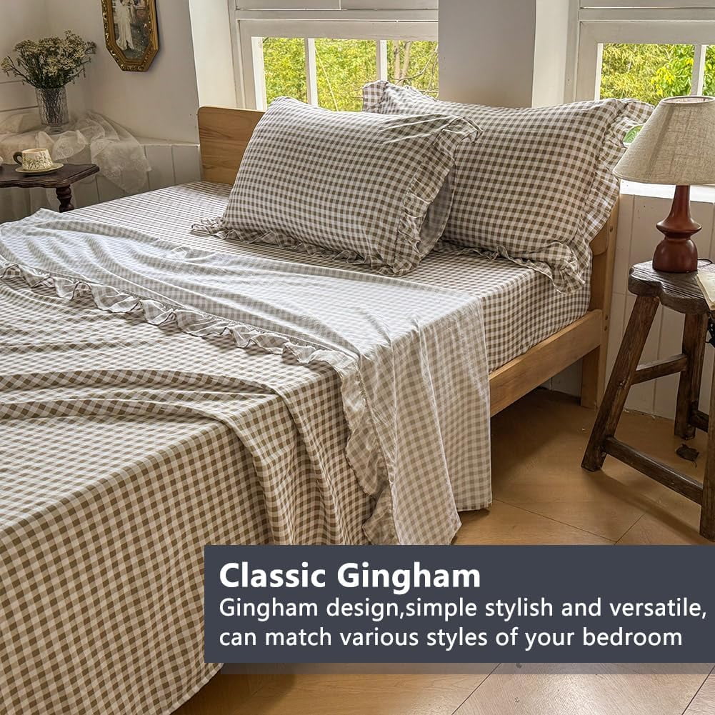 Cooling Sateen Tan Gingham Ruffle Queen Sheet Set, Taupe Soft Pre-Washed Microfiber Plaid Ruffled Queen Bed Sheets, 4-Pieces Farmhou... - Luxury Bed Sheet Set with Deep Pockets Detail
