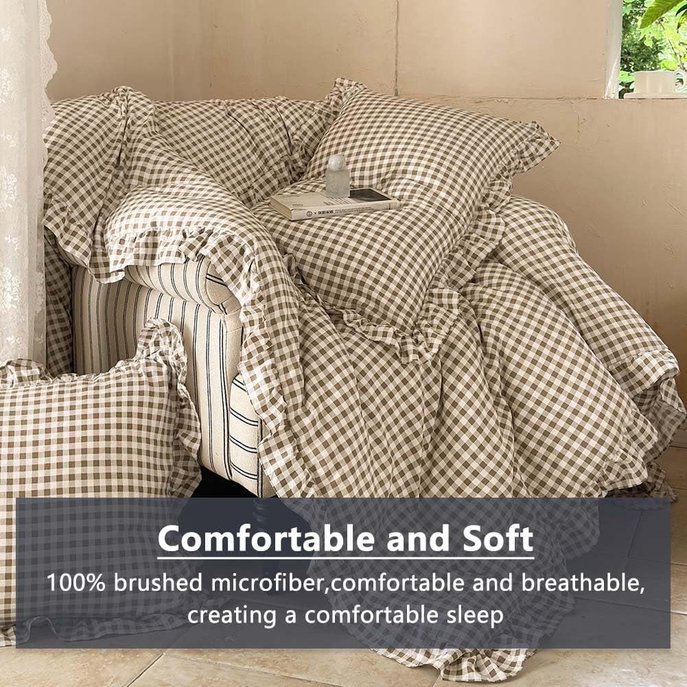 Heavyweight Warmth Tan Gingham Ruffle Queen Comforter Set, Taupe Ruffled Plaid Bedding Set, Ruffled Checked Bed Comforter 3 Pieces(Tan G... - Luxurious Quilted Duvet Cover Set Detail