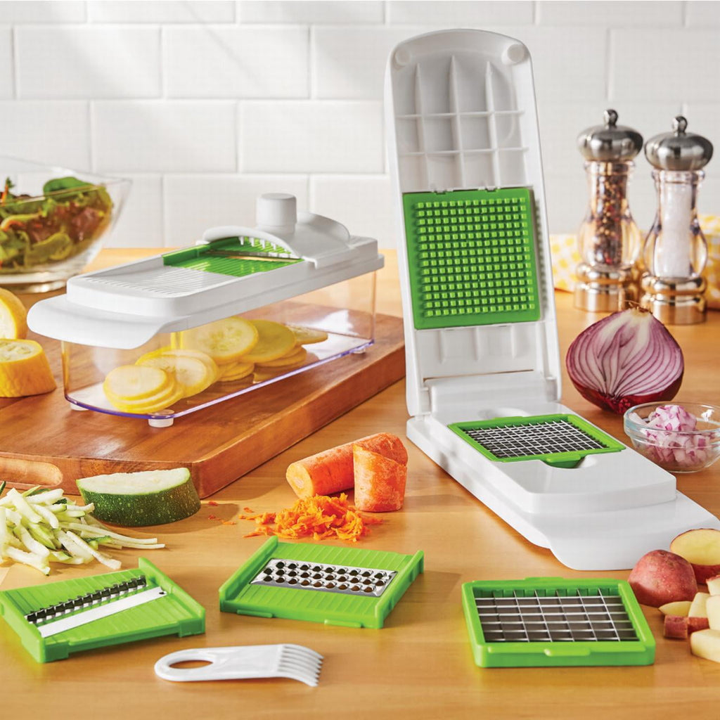 Innovative 11 Pieces Multi-Function Nice Dicer and Mandoline, Stainless Steel, Green Glaze, 820g - Premium Stainless Steel Garlic Presser & Peeler Detail