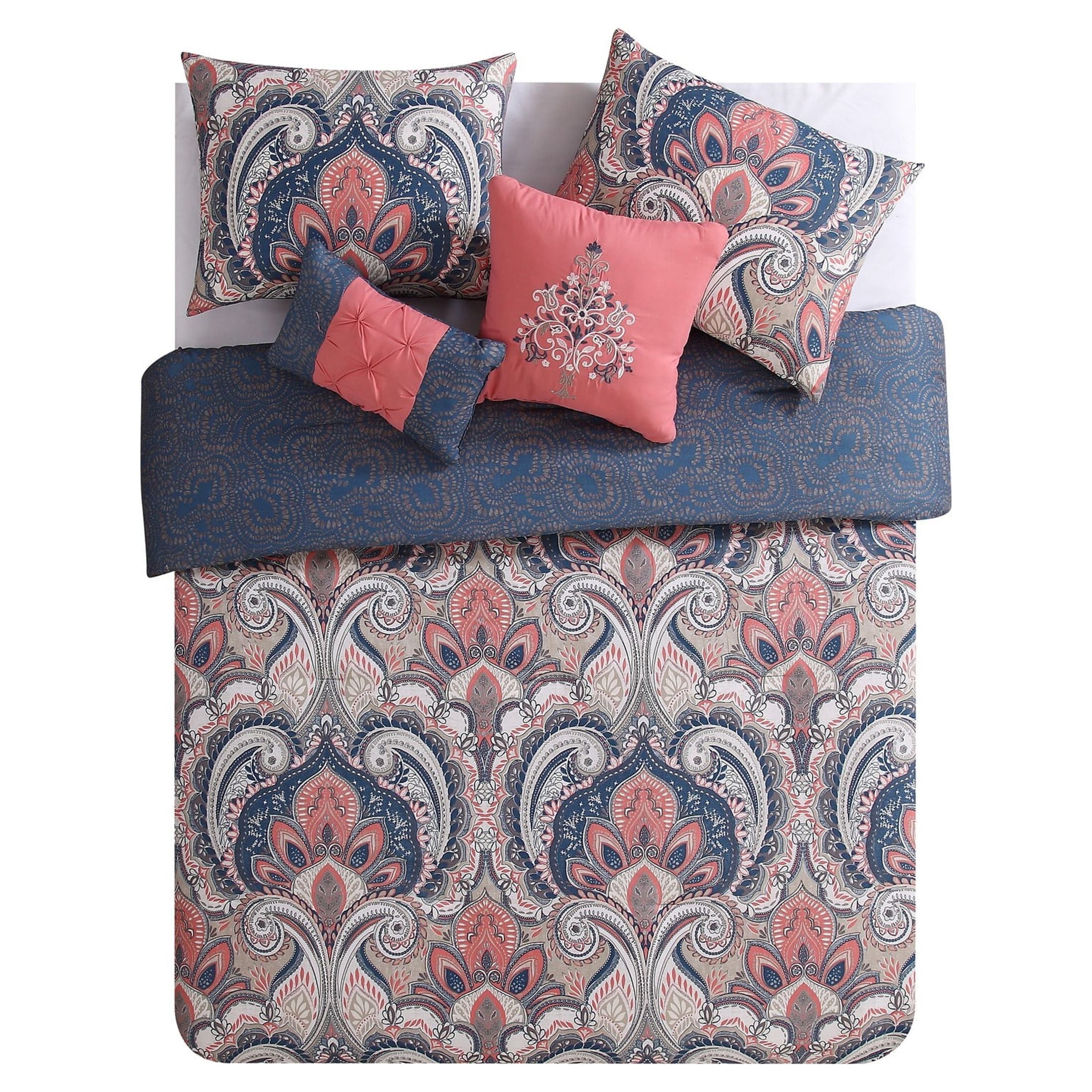 All-Season Casa Real 5-Piece Coral Damask Reversible Comforter Set, King, Adult, Unisex - All-Season Down Alternative Comforter Insert Detail
