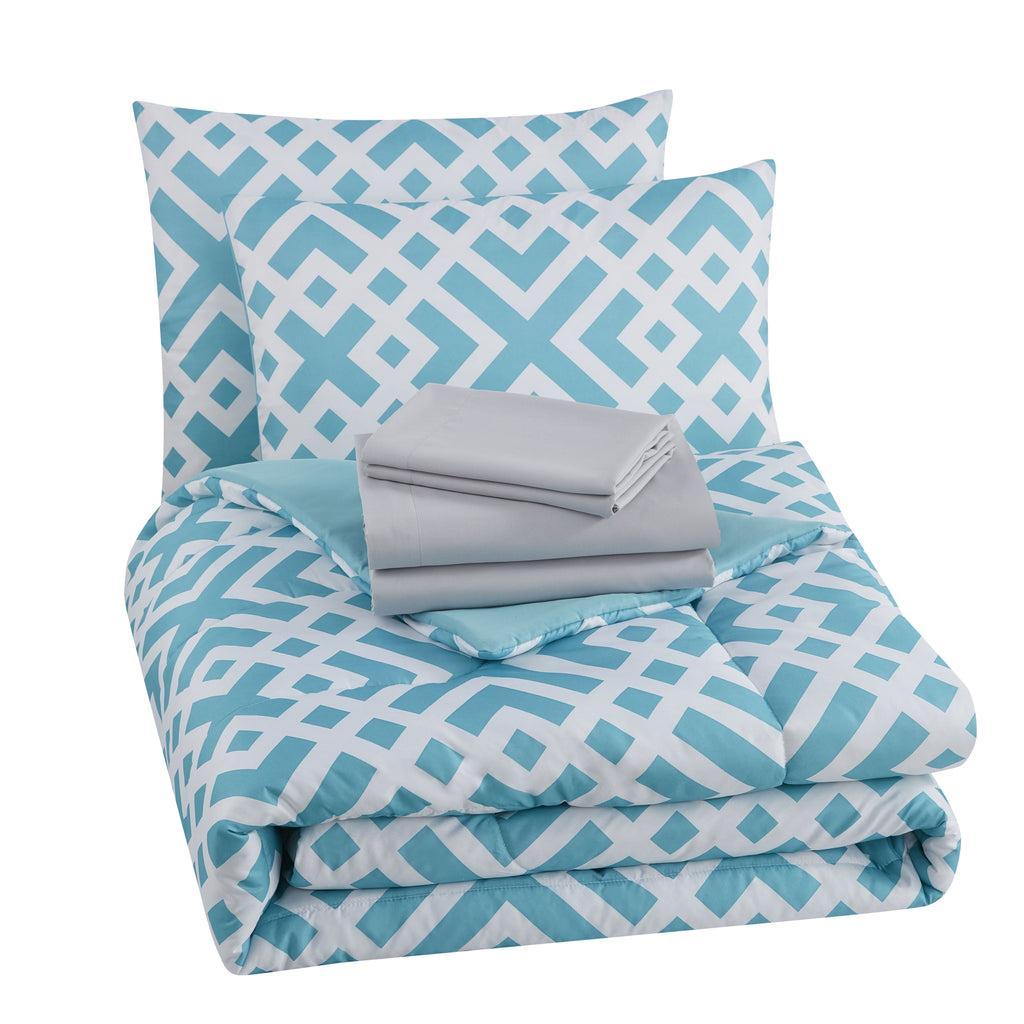 Fluffy Down Alternative Teal Geometric 6 Piece Bed in a Bag Comforter Set with Sheets, Twin/Twin-XL - Luxurious Quilted Duvet Cover Set Detail