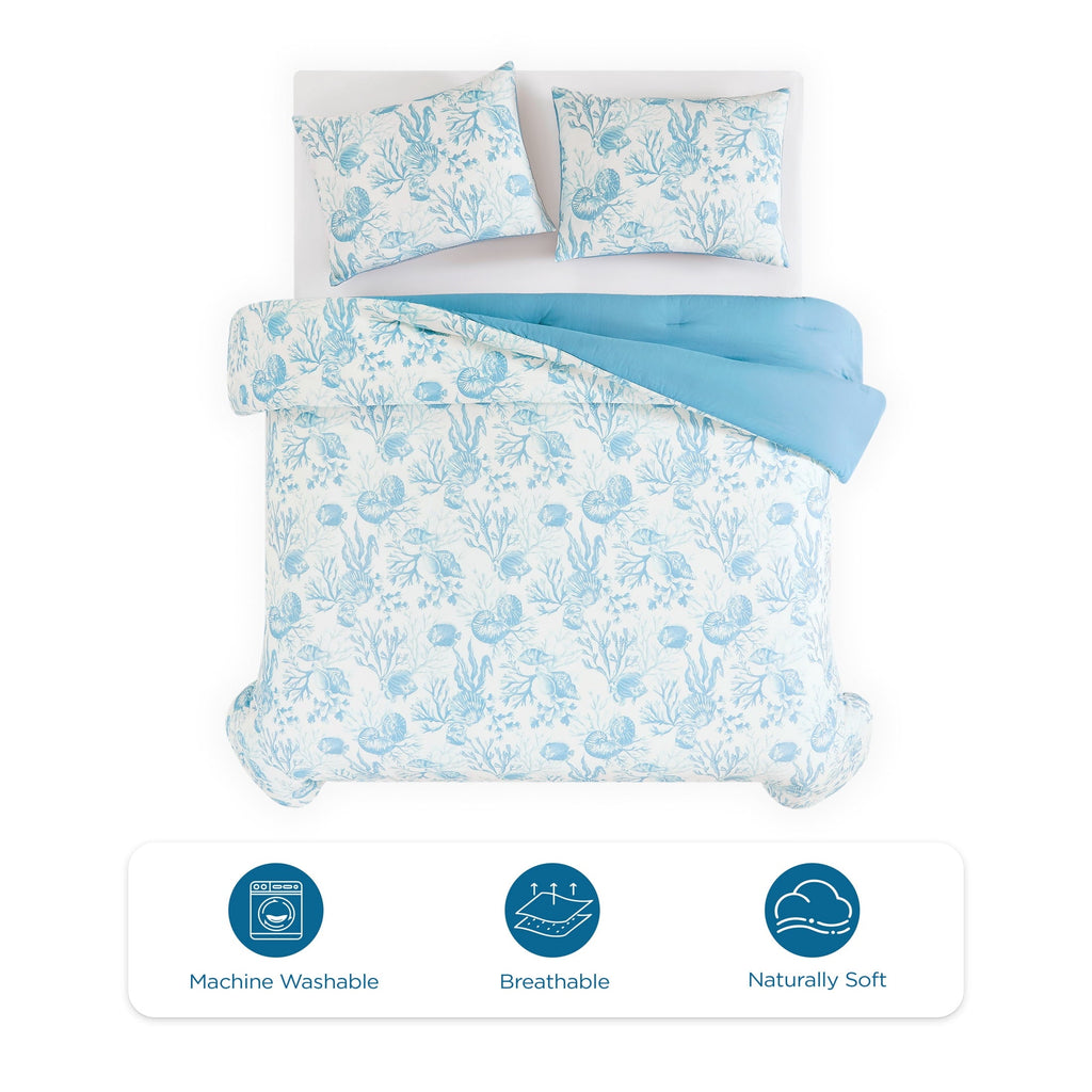 Heavyweight Warmth 3-Piece Lightweight 100% Cotton Blue & White Ocean Print Comforter Set, Full/Queen - Hypoallergenic Ultra-Fluffy Quilt for Winter Detail