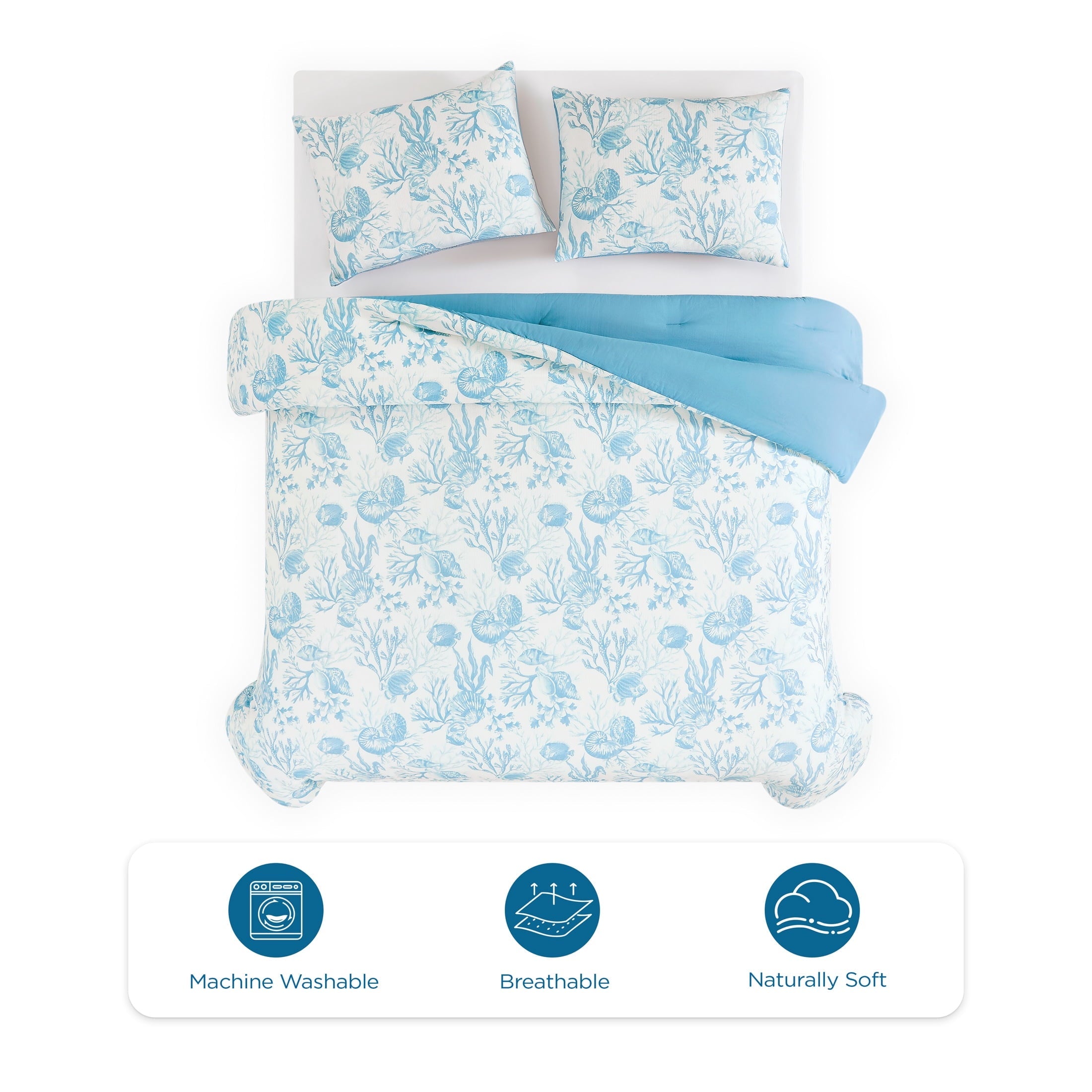 Heavyweight Warmth 3-Piece Lightweight 100% Cotton Blue & White Ocean Print Comforter Set, Full/Queen - Hypoallergenic Ultra-Fluffy Quilt for Winter Detail
