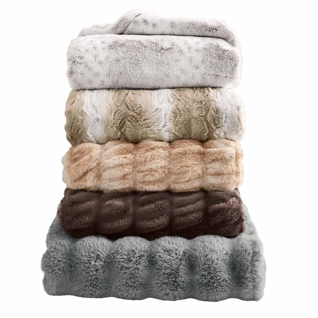 Decorative Knitted Almond Biscuit Ombre Faux Fur Throw, 50"x72" - Luxury Knitted Decorative Throw Blanket with Fringes Detail