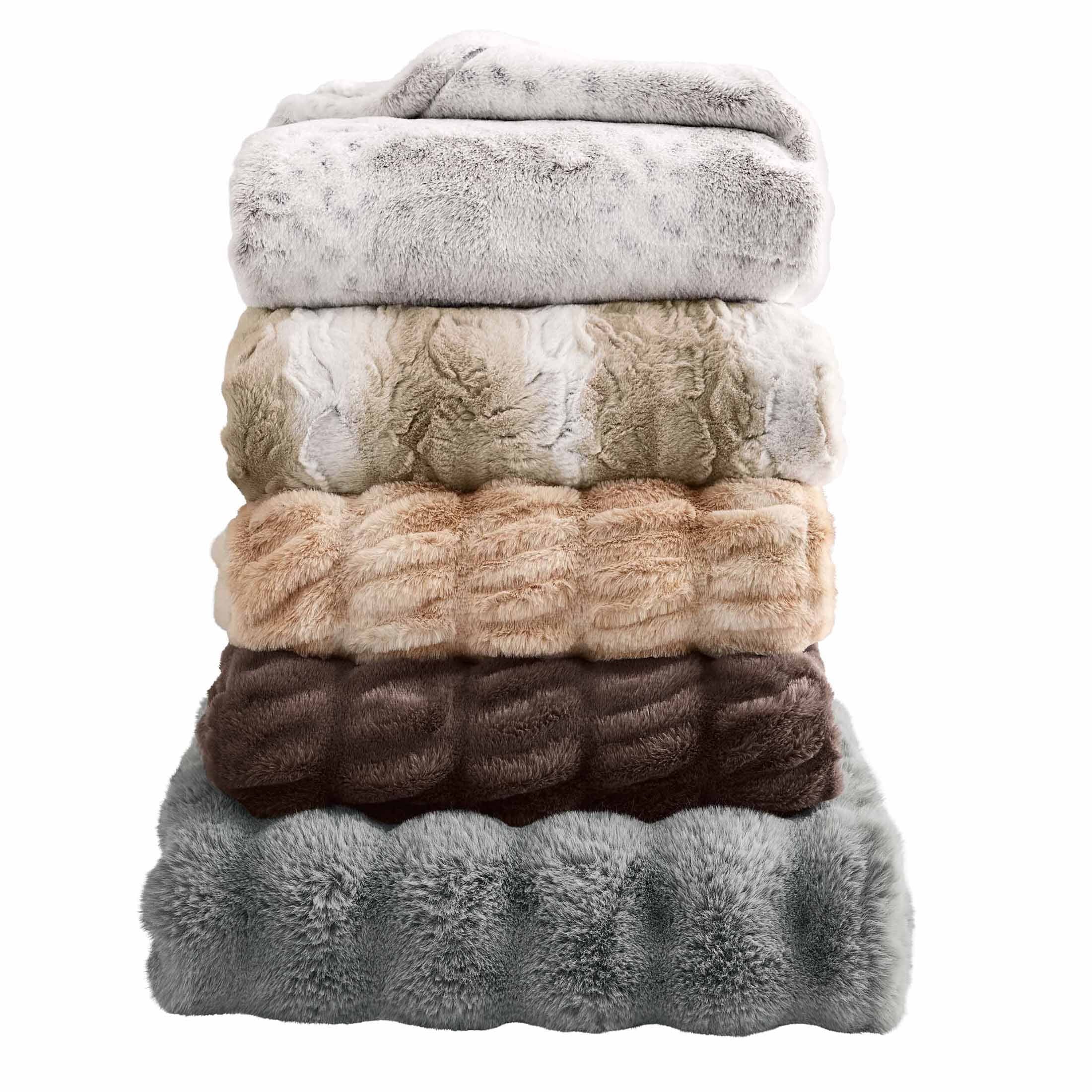 Decorative Knitted Almond Biscuit Ombre Faux Fur Throw, 50"x72" - Luxury Knitted Decorative Throw Blanket with Fringes Detail