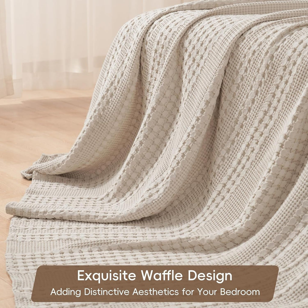 Lightweight Warm 100% Cotton Waffle Weave Blanket, Lightweight Throw Washed Blanket for Bed Sofa Home Decor, Oatmeal, 50"x60" - Luxury Knitted Decorative Throw Blanket with Fringes Detail