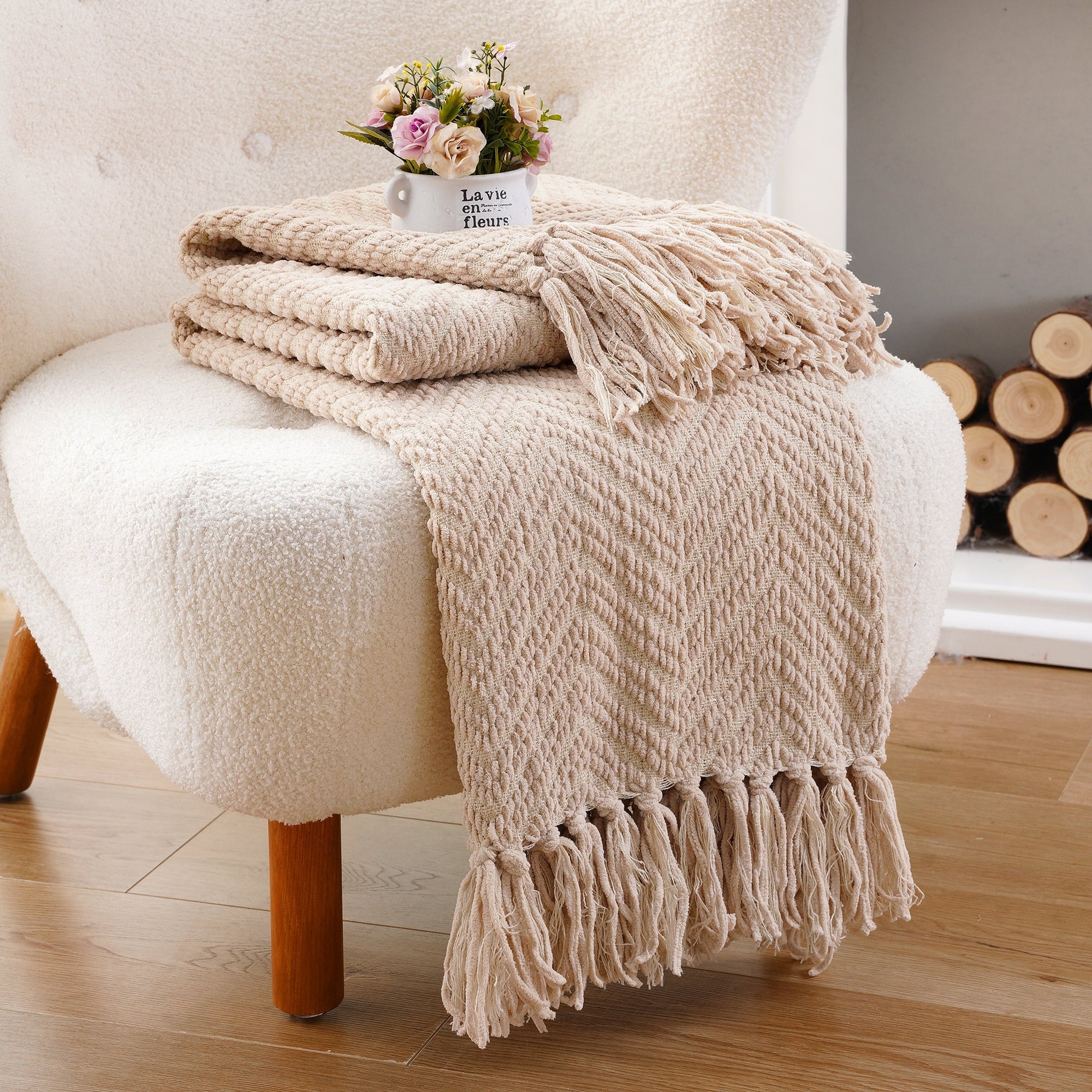 Cozy Fleece Beige Throw Blanket,Textured Knitted Tan Throws with Tassels,Neutral Sofa Bed Throws,50"x60" - Luxury Knitted Decorative Throw Blanket with Fringes Detail