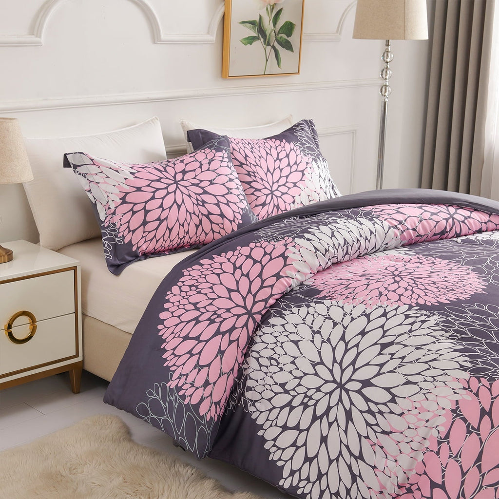 Luxurious Quilted 2 Pieces Pink Floral Comforter Set Twin Size, Botanical Bedding Sets with Cute Flowers Printing for Teen Girls - All-Season Down Alternative Comforter Insert Detail
