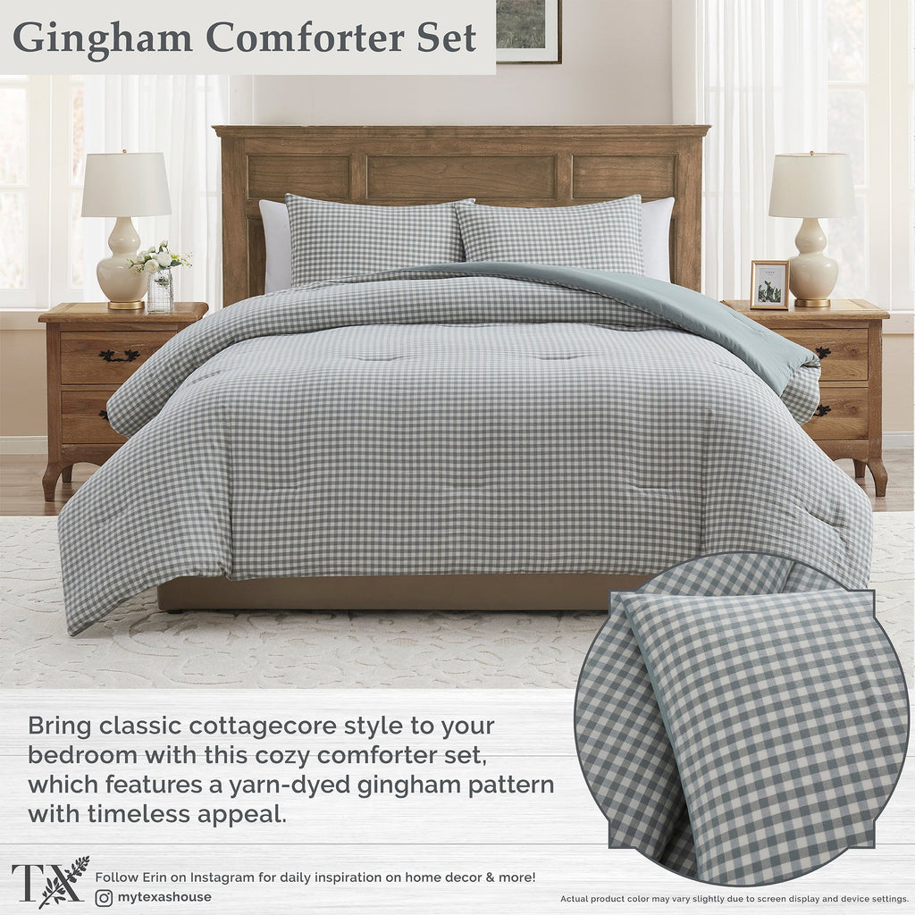 Fluffy Down Alternative Full/Queen Comforter Set, All-Season, 3-Piece, Green Gingham Plaid - Hypoallergenic Ultra-Fluffy Quilt for Winter Detail