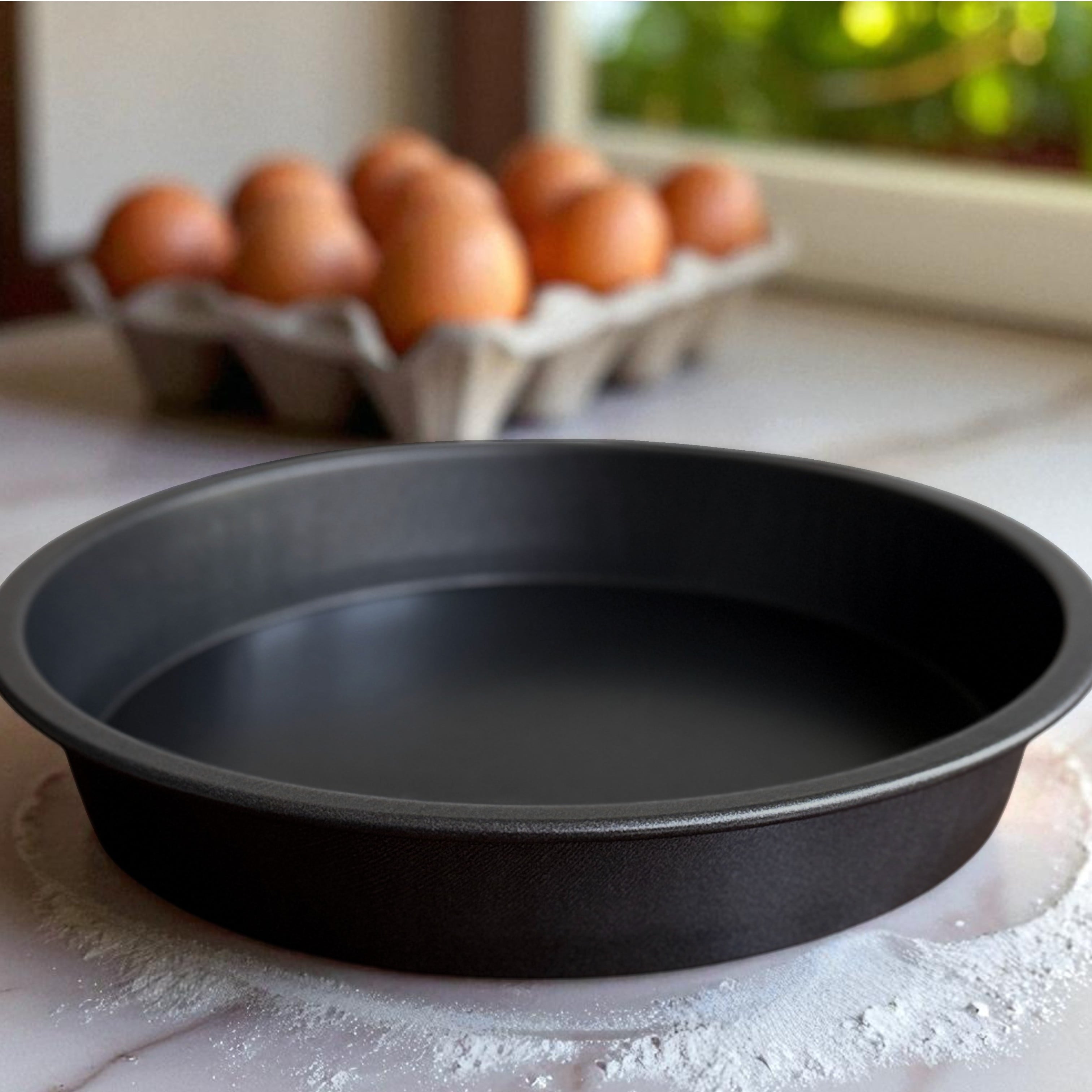 Ergonomic Manual 9" x 9" Round Nonstick Steel Cake Pan, Dark Gray - Innovative Kitchen Helper for Modern Cooking Detail