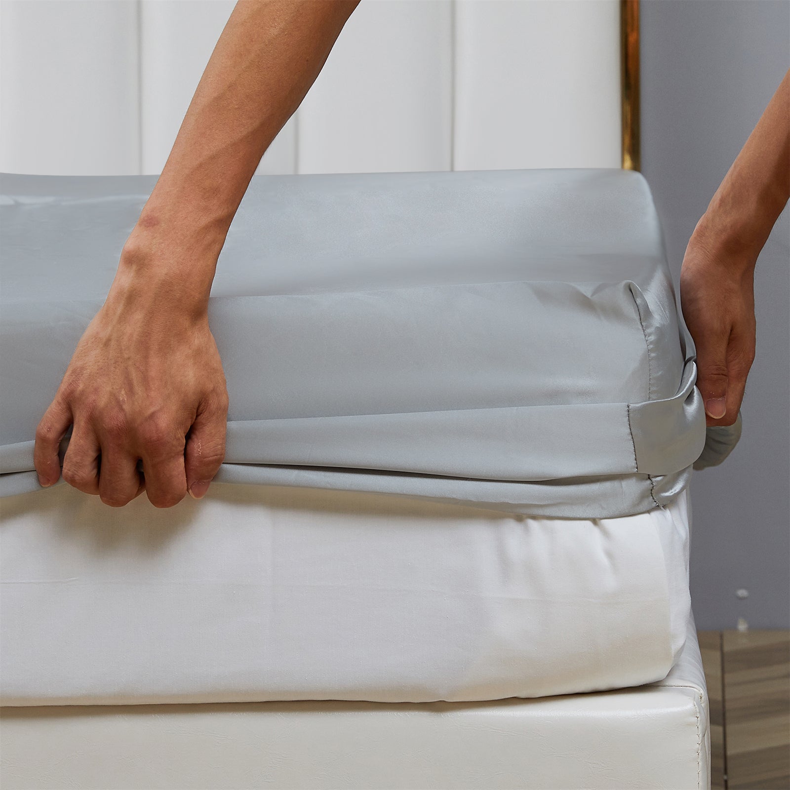 Premium Egyptian Cotton Satin Fitted Sheet King Size 14 Inch Deep Pocket Bed Sheet Silk Sheet Ultra Soft Machine Washable, Light Gray - Breathable Egyptian Cotton Flat & Fitted Sheets Detail