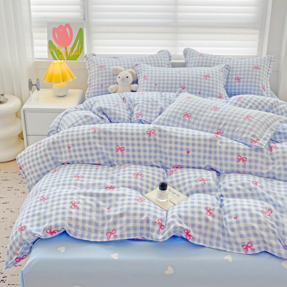 Heavyweight Warmth 3-Piece Blue Plaid Pink Bows Comforter Full Set , Cute Soft Bedding Set for Kids Adults - Cloud-Like Soft Lightweight Bed Comforter Detail