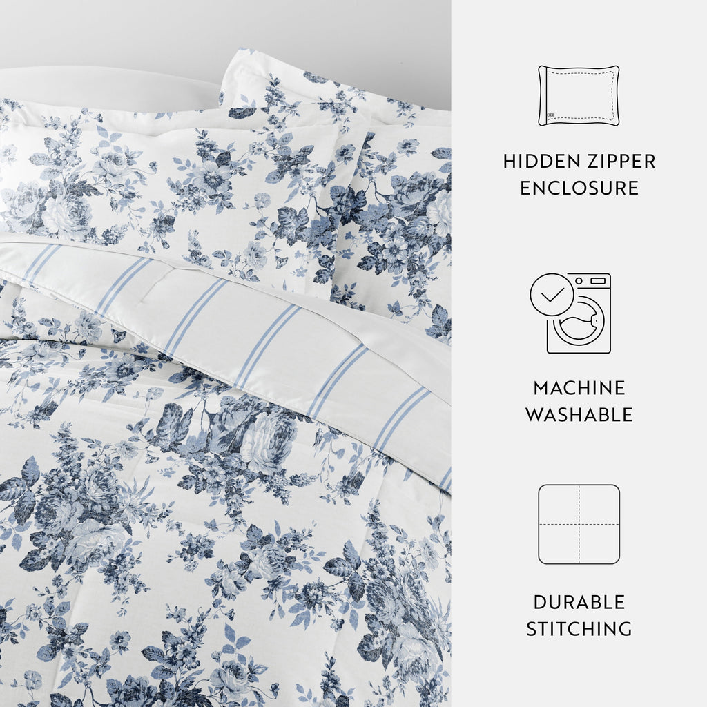 Hypoallergenic Cloud Down Alternative Cabbage Rose Stripe Stone Reversible Comforter Set - Luxurious Quilted Duvet Cover Set Detail