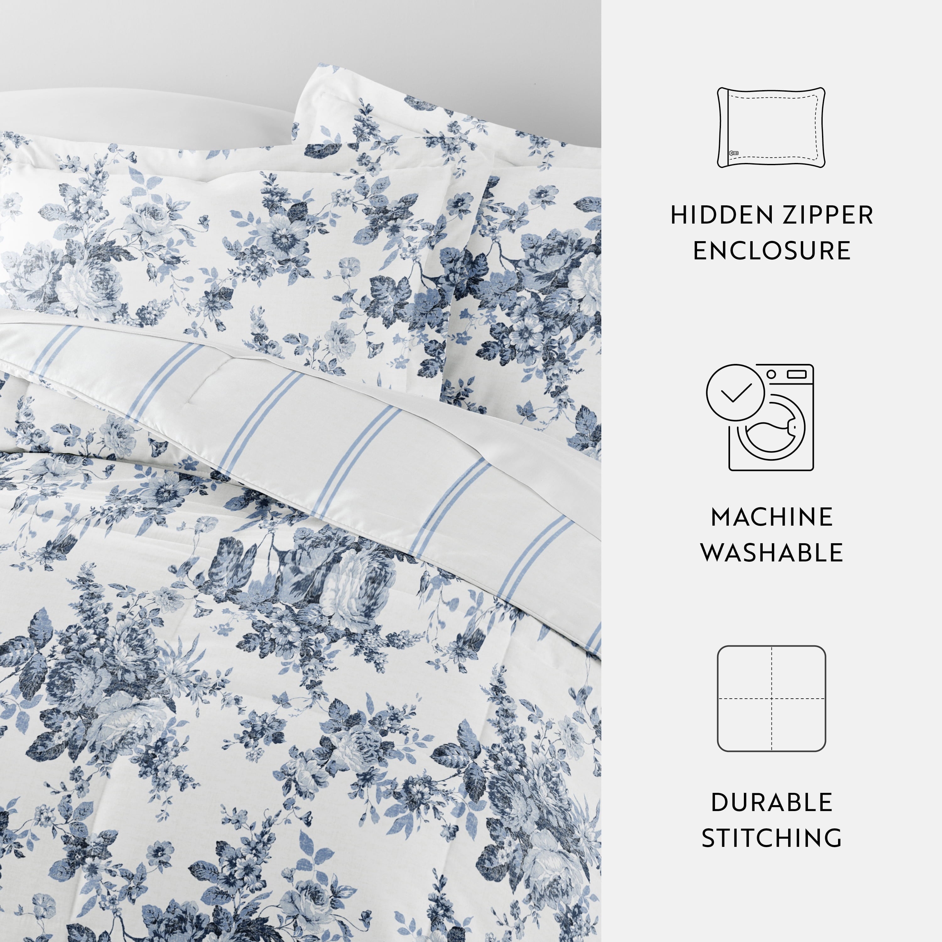 Hypoallergenic Cloud Down Alternative Cabbage Rose Stripe Stone Reversible Comforter Set - Luxurious Quilted Duvet Cover Set Detail