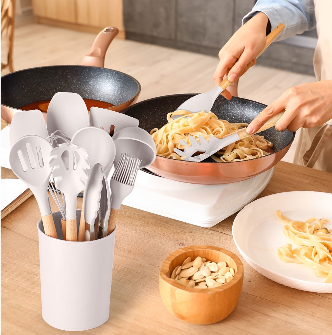 Ergonomic Cooking Silicone & Bamboo Cooking Utensil Set, 14 Pieces - Premium Stainless Steel Cooking Utensil for Non-Stick Pots Detail