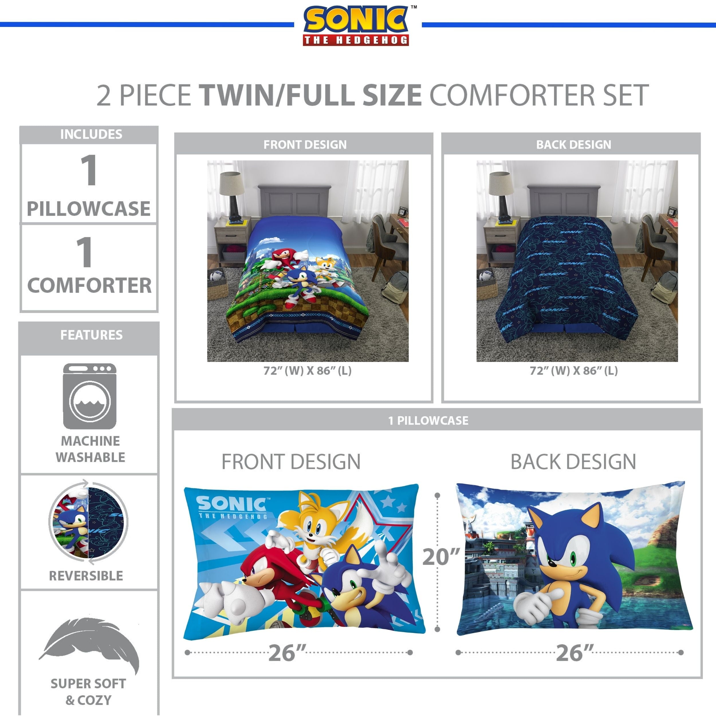 Hypoallergenic Cloud Sonic the Hedgehog Kids 2 Piece Blue Green Reversible Comforter and Pillowcase set, Twin/full - Cloud-Like Soft Lightweight Bed Comforter Detail
