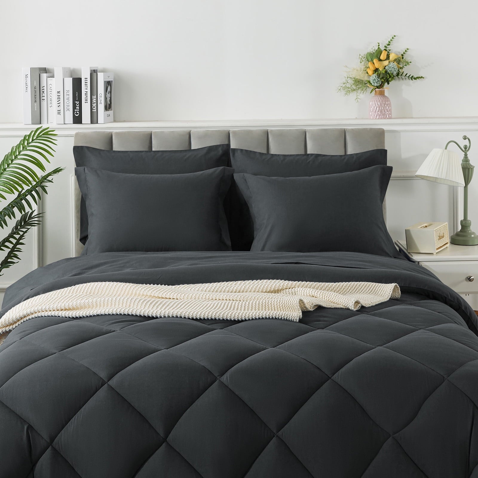 Luxurious Quilted Queen Bed in a Bag Comforter Set with 7 Pieces - Dark Gray All Season Bedding Sets with Comforter, Pillow Shams, Flat... - All-Season Down Alternative Comforter Insert Detail