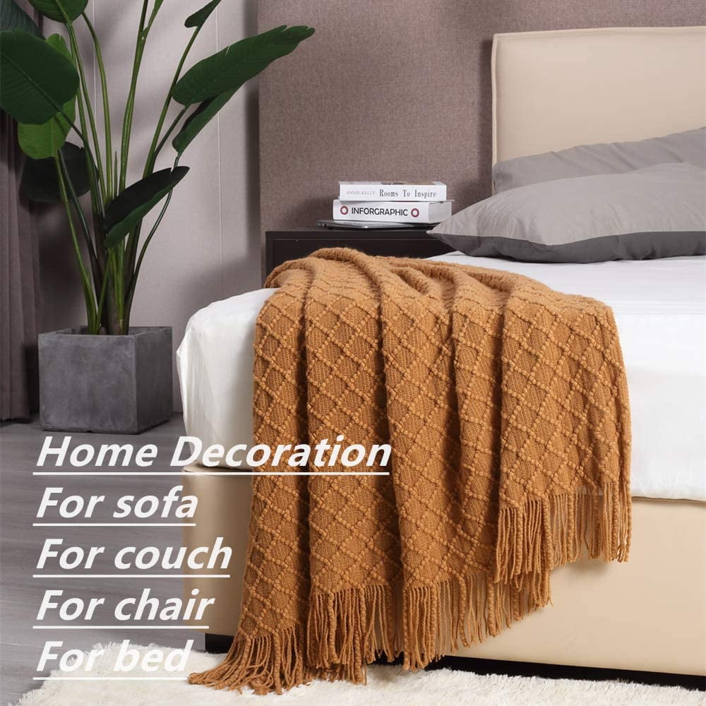 Lightweight Warm Home Decor Rustic Couch Sofa Chair Bed Throw Blanket, Soft Warm Light Weight in Spring Summer (50''X60'' Brown) - Luxury Knitted Decorative Throw Blanket with Fringes Detail