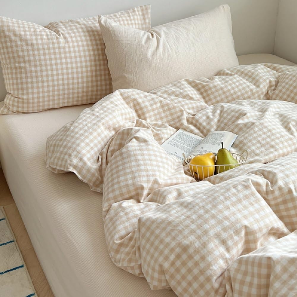 All-Season Soft Beige White Plaid Comforter Twin Sets, 2 Pieces Breathable Plaid Buffalo Checkered Comforter for All Season - All-Season Down Alternative Comforter Insert Detail
