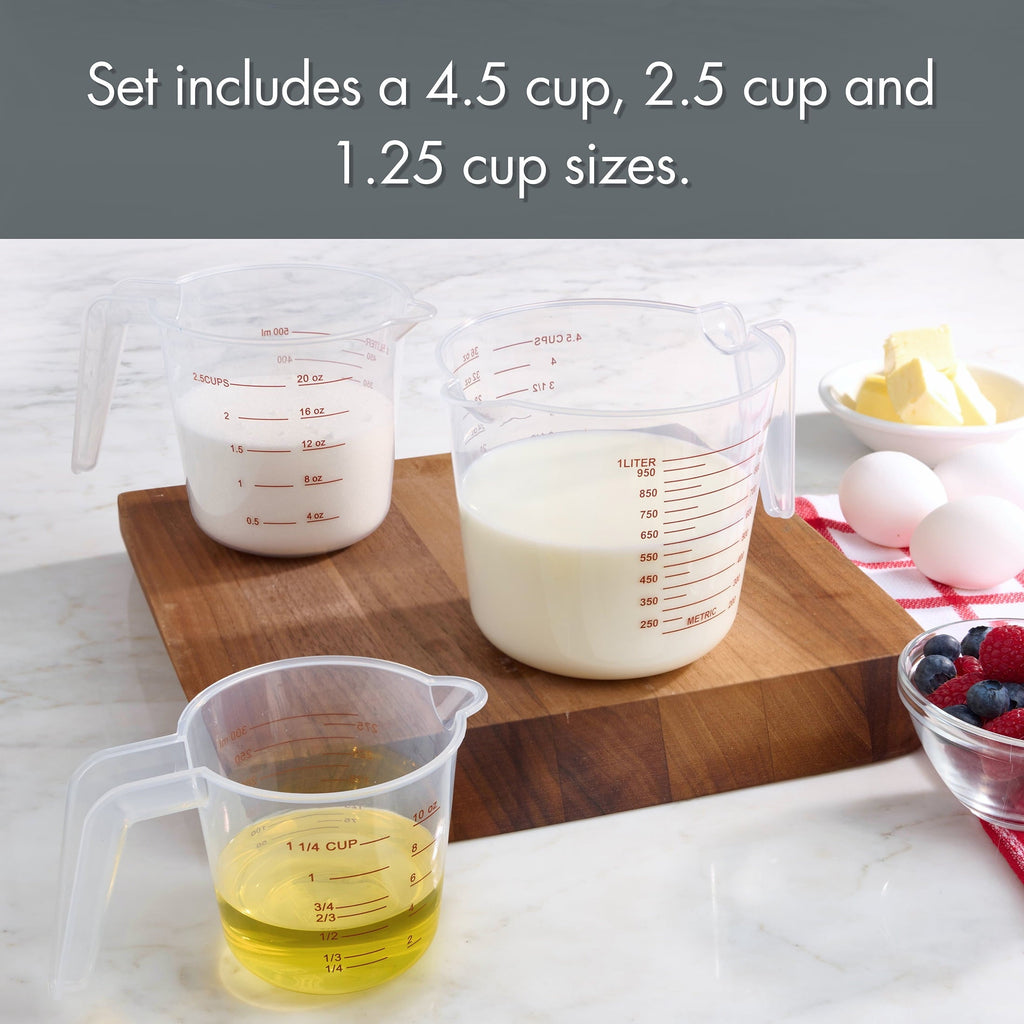Time-Saving 3-Piece Tapered Spout Nesting Plastic Measuring Cups Set, Clear - Premium Stainless Steel Garlic Presser & Peeler Detail