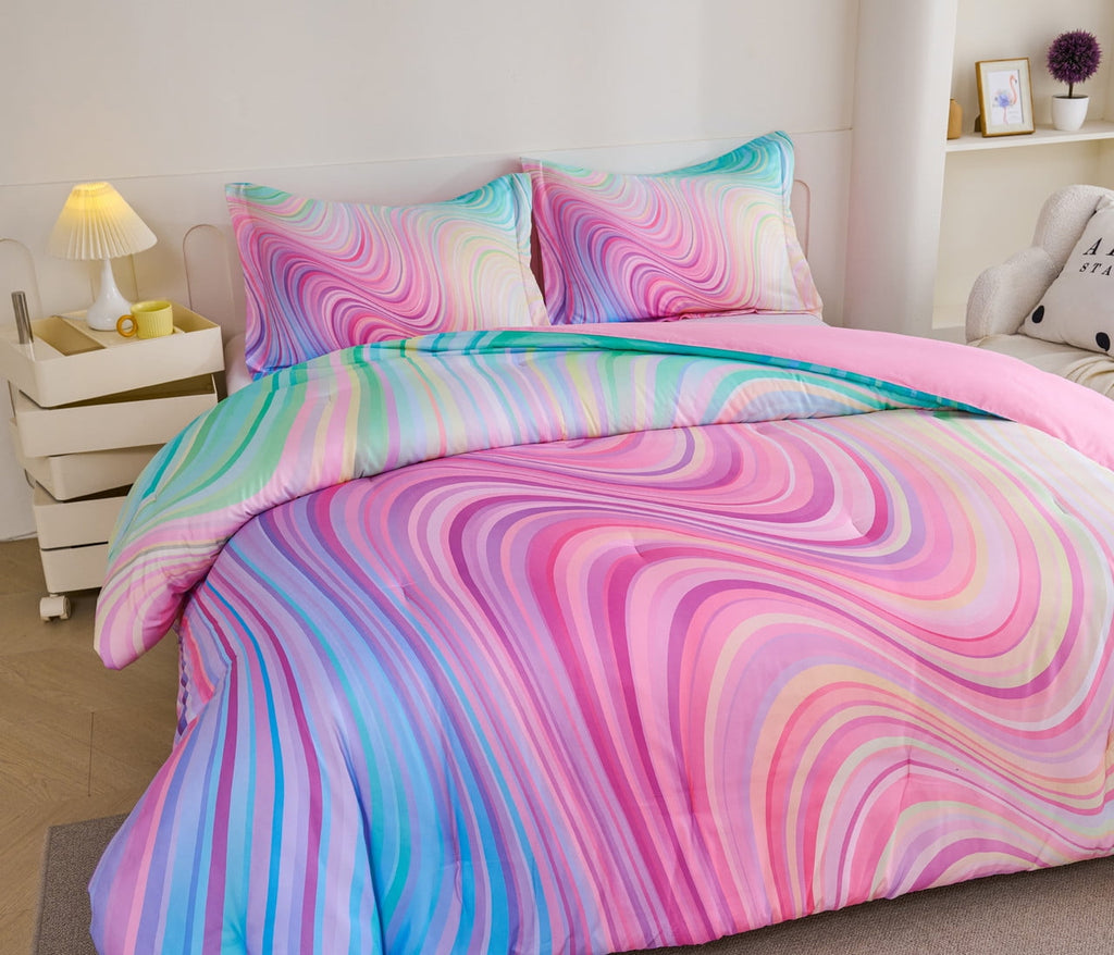 Hypoallergenic Cloud 3-Piece Abstract Tie Dye Comforter Set, Blue Pink Purple, Kids Bedding Set for Girls Full/Queen Size - Cloud-Like Soft Lightweight Bed Comforter Detail