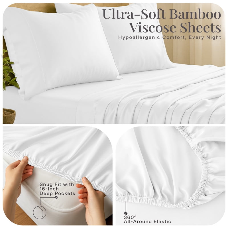 Premium Egyptian Cotton Lux Decor 100% Organic Viscose - 4 Piece Ultra-Soft Luxury Cooling Bed Sheets, 16" Deep Pocket, Breathable & Hypoalle... - Breathable Egyptian Cotton Flat & Fitted Sheets Detail