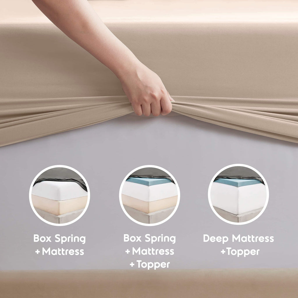 Breathable Luxury King Sheet Sets, 1800 Series Deep Pocket 4 Piece, Luxury Soft Microfiber Bed Sheet Sets, BEIGE CREAM - Cooling Hotel Quality Bedding Sheets and Pillowcases Detail