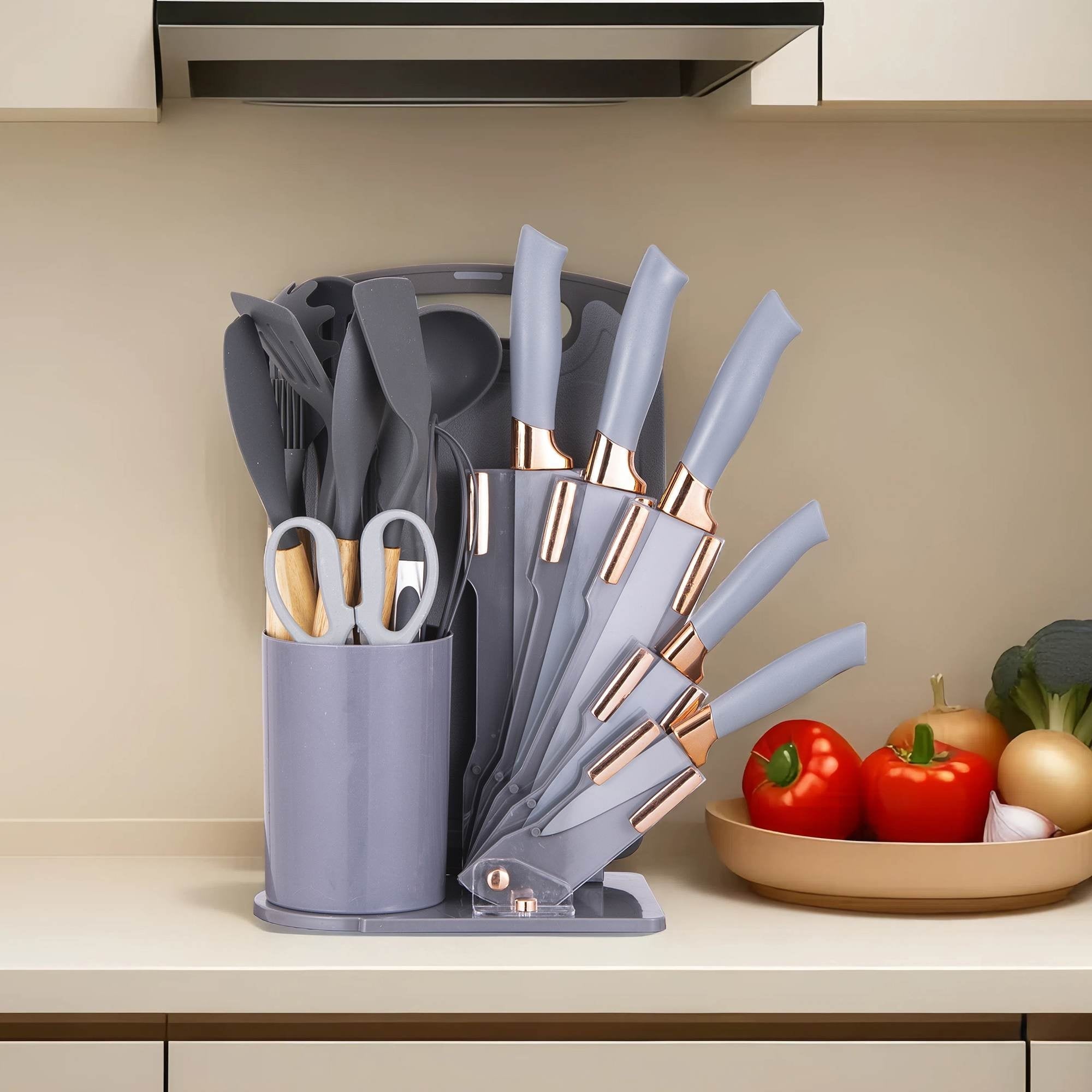 Ergonomic Cooking 19-Piece Silicone Kitchen Utensil & Knife Set - Heat-Resistant Cooking Tools Non-Stick Safe Gift for Mom or Wo... - Ergonomic Kitchen Tongs and Cooking Spoon Utensil Detail