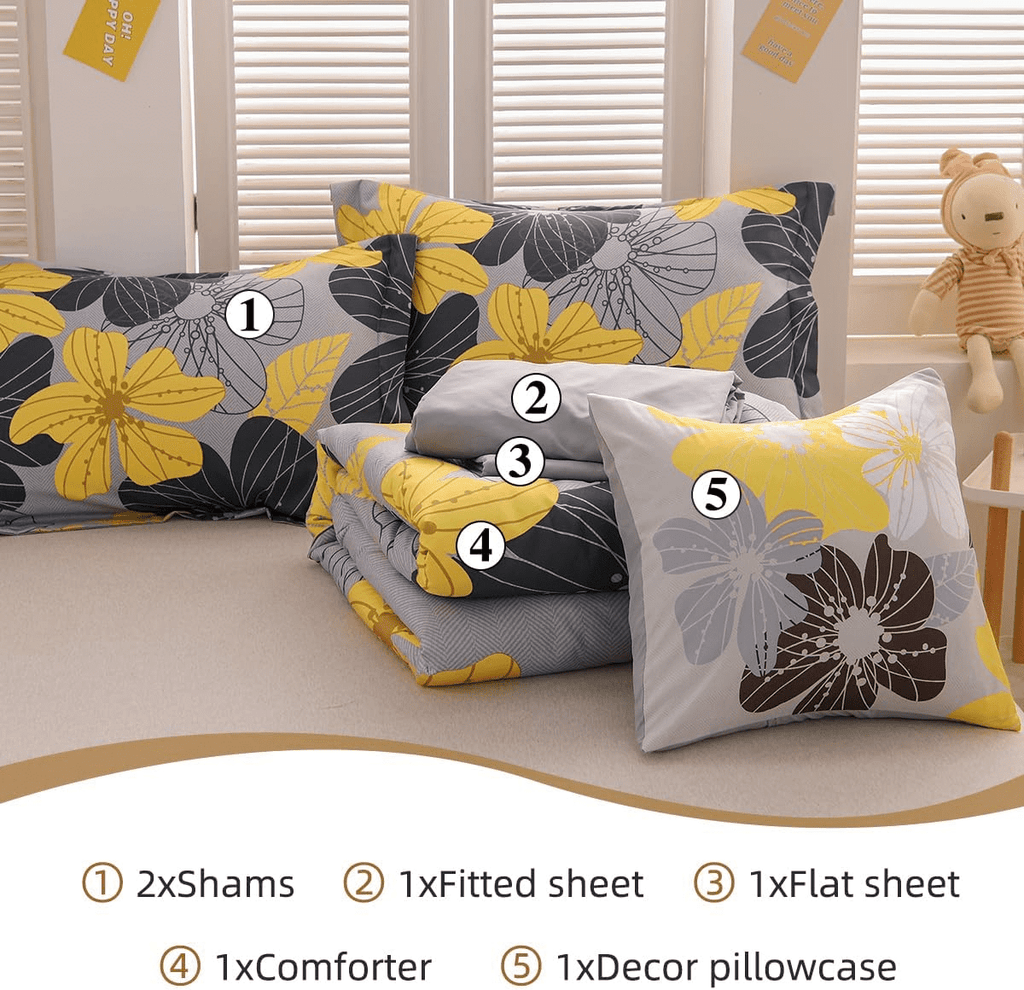 Fluffy Down Alternative Yellow Floral Comforter Set Queen Flower Bed Set Adult Soft Botanical Boho Bedding Set - All-Season Down Alternative Comforter Insert Detail