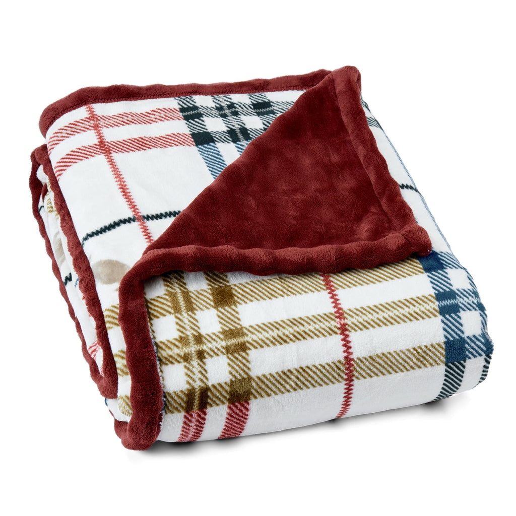 Super Soft Flannel Academic Plaid Tartan Crest with Faux Leather Patch and Milky Mink Reverse Throw, 60x70 inches - Luxury Knitted Decorative Throw Blanket with Fringes Detail