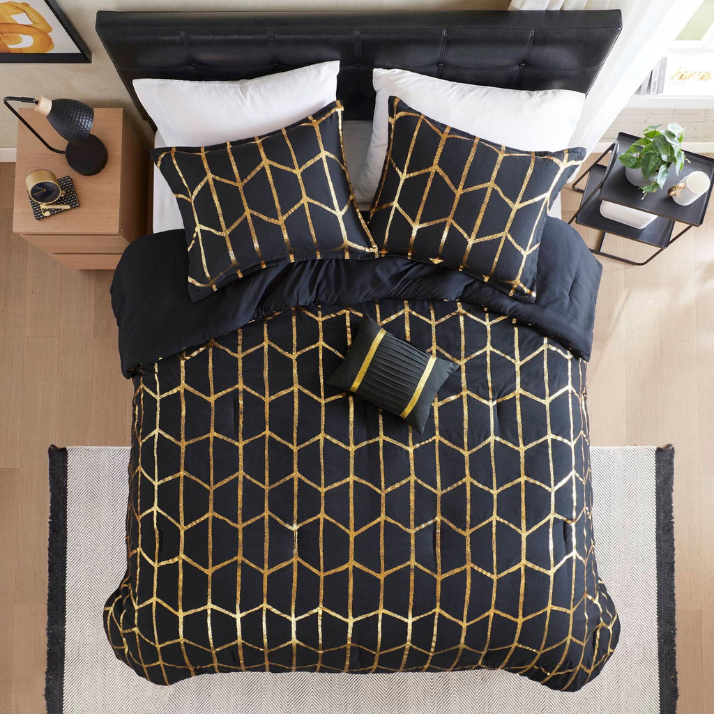 Luxurious Quilted Full/Queen Size Comforter Set, 4-Piece Bedding Set for All Seasons, Geometric Metallic Comforter Bed Set with Decor P... - Luxurious Quilted Duvet Cover Set Detail