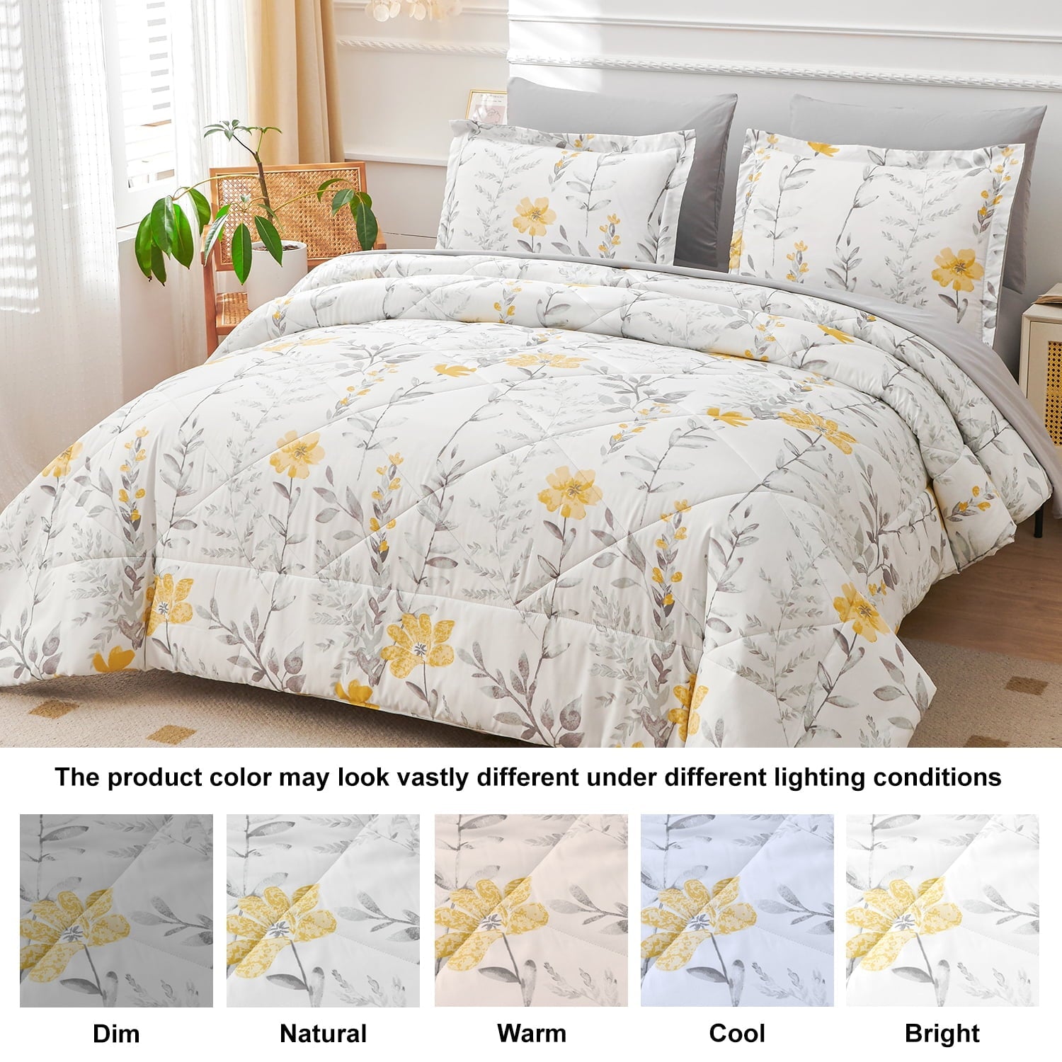 Hypoallergenic Cloud 3 Piece Comforter Set Queen Yellow Floral Quilt Microfiber Patchwork Bedspread - Luxurious Quilted Duvet Cover Set Detail