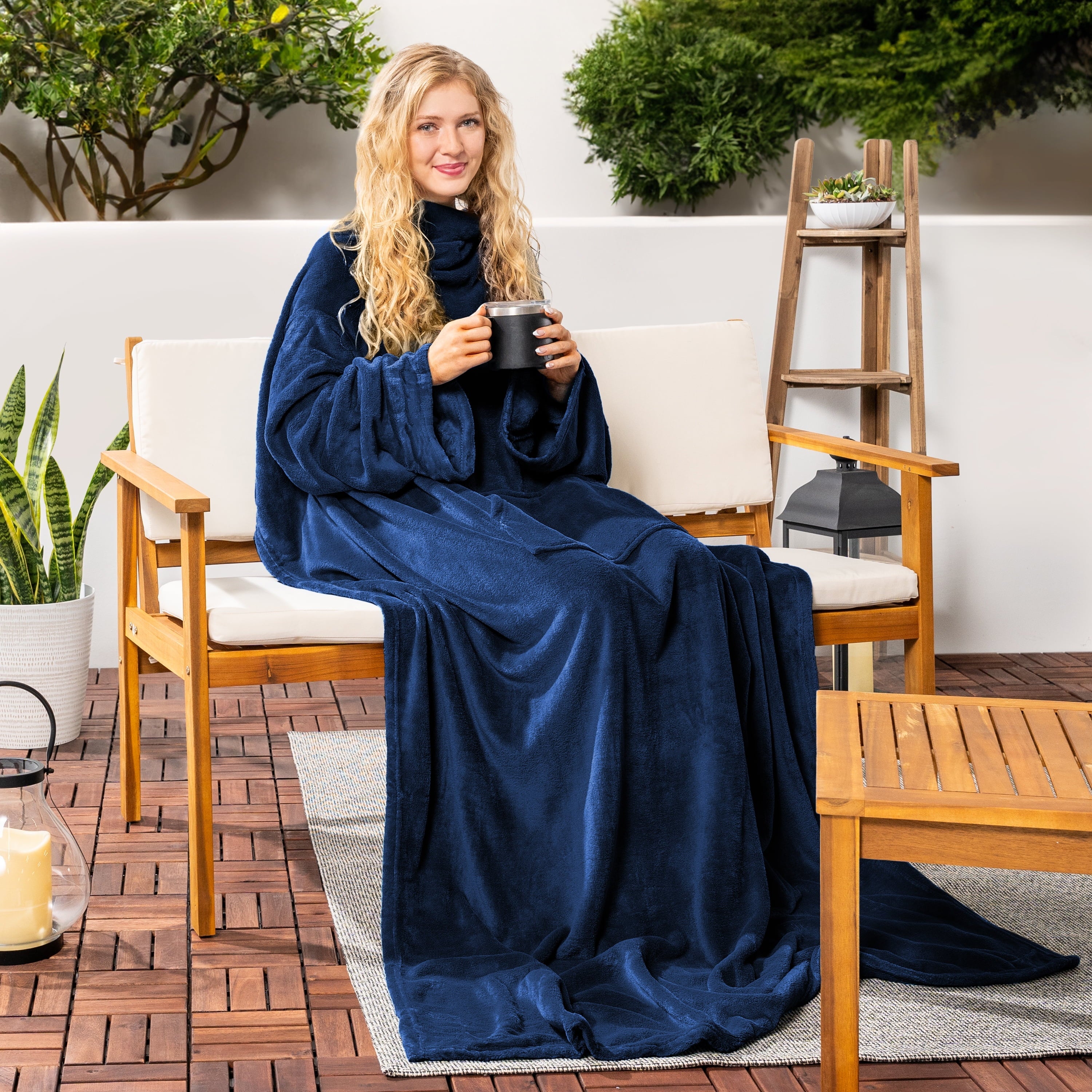 Super Soft Flannel Navy Blue Fleece Wearable Blanket with Sleeves for Adults Women Men, Soft Warm Full Body Wrap Throw, Sweatshirt Pocke... - Cozy Fleece Throw Blanket for Couch & Bed Detail