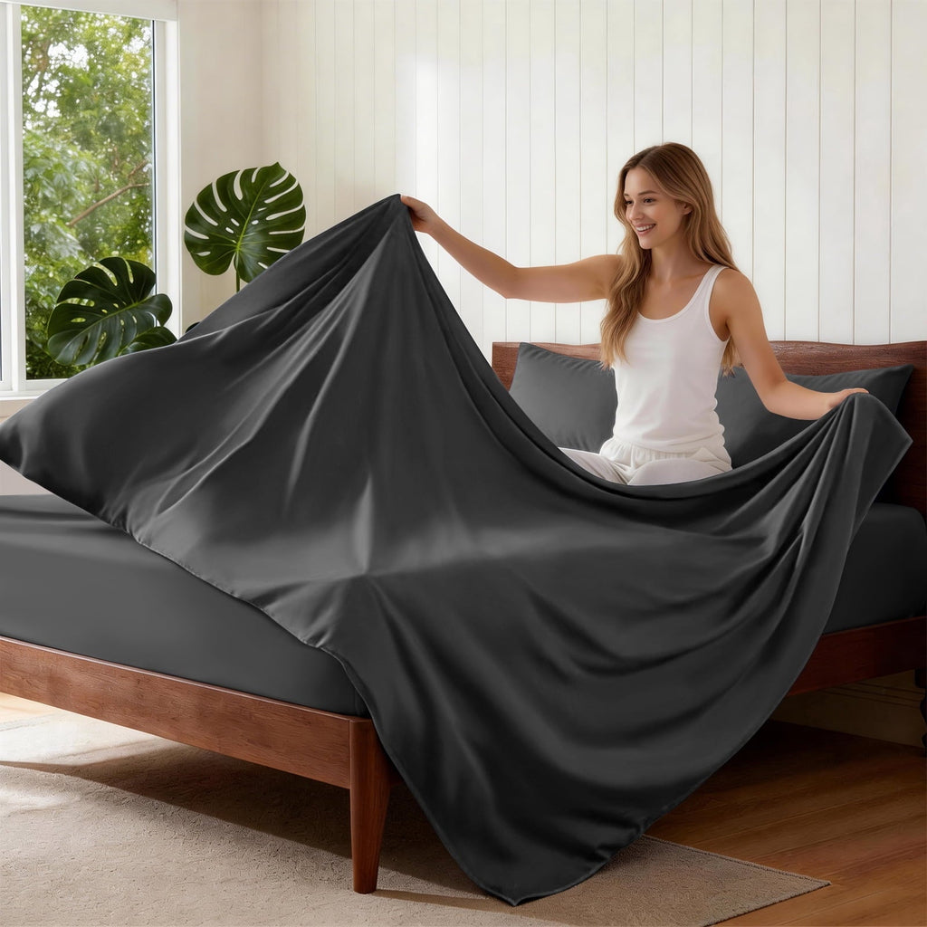 Wrinkle-Resistant Sheets,Soft Hotel Luxury Polyester Washed Cotton,4 Piece Sheets Set,with 14" Deep Pocket,Dark Gray - Breathable Egyptian Cotton Flat & Fitted Sheets Detail