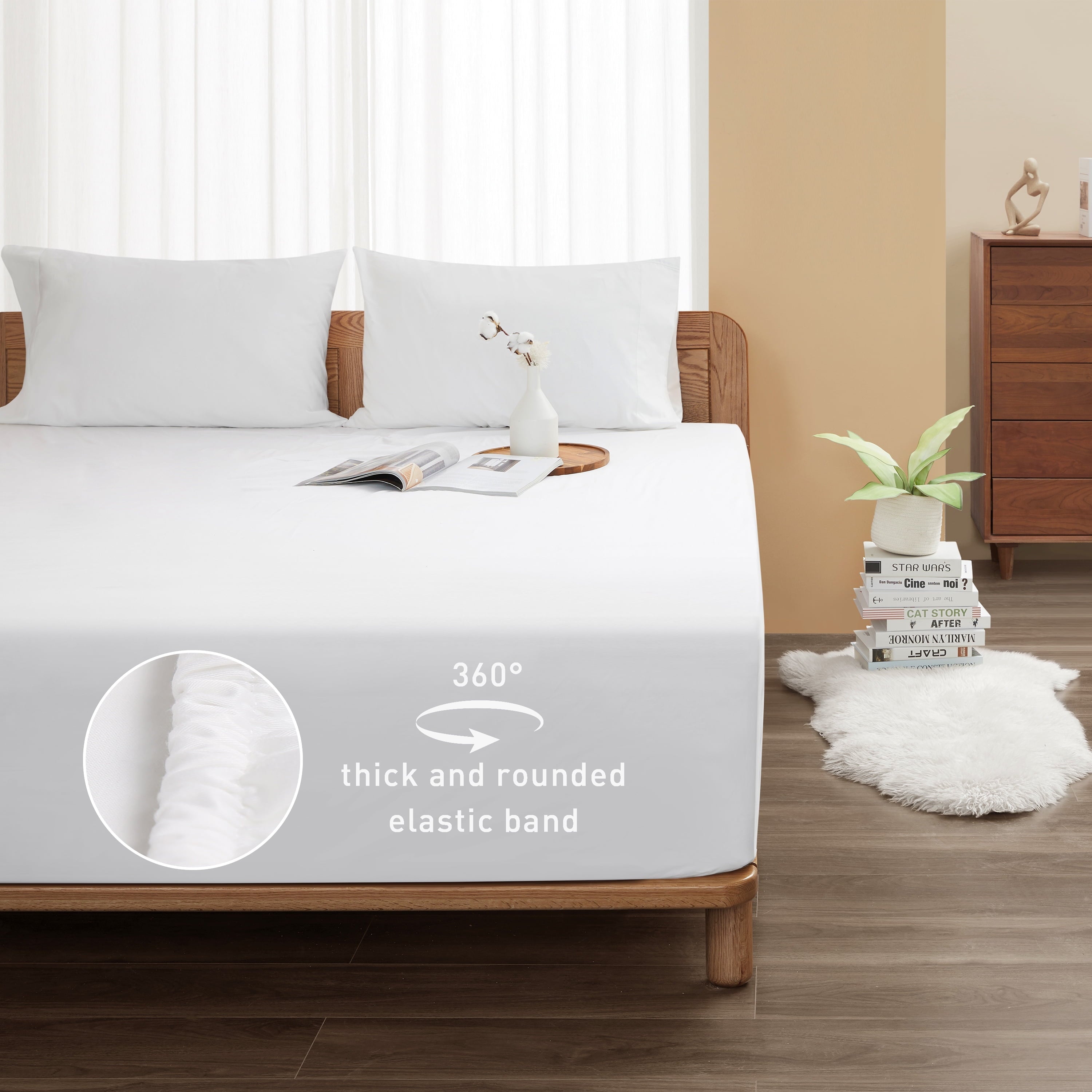 Wrinkle-Resistant 100% Cotton Queen Size Fitted Sheet Only, 300 Thread Count White Fitted Bed Sheet with 22” Extra Deep Pocket, Soft & ... - Cooling Hotel Quality Bedding Sheets and Pillowcases Detail