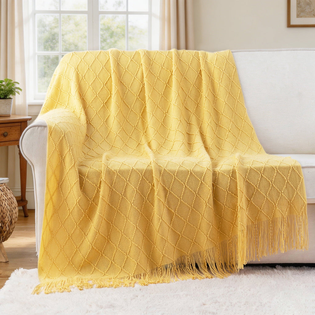 Super Soft Flannel Mustard Throw Blanket for Couch,Gold Yellow Knit Throw with Fringe,Outdoor Throw ,50"x60" - Super Soft Reversible Sherpa Flannel Blanket Detail