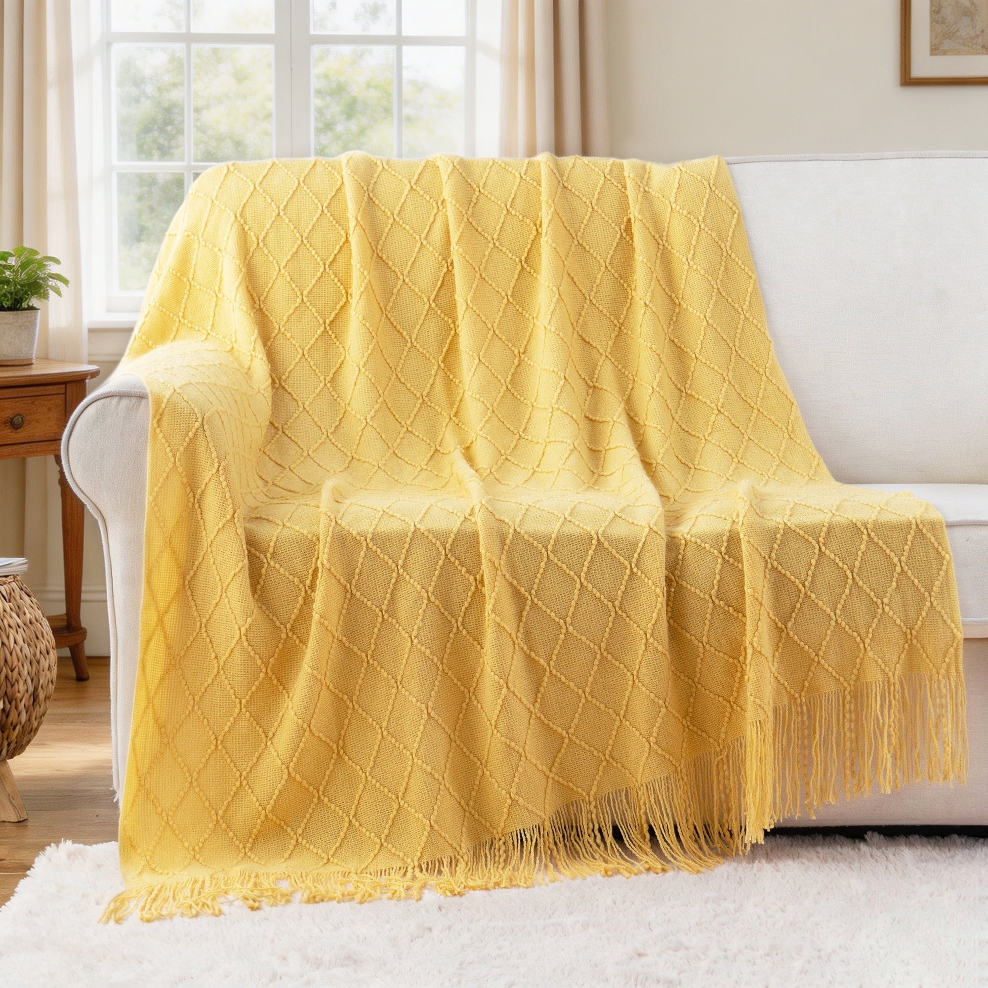 Super Soft Flannel Mustard Throw Blanket for Couch,Gold Yellow Knit Throw with Fringe,Outdoor Throw ,50"x60" - Super Soft Reversible Sherpa Flannel Blanket Detail