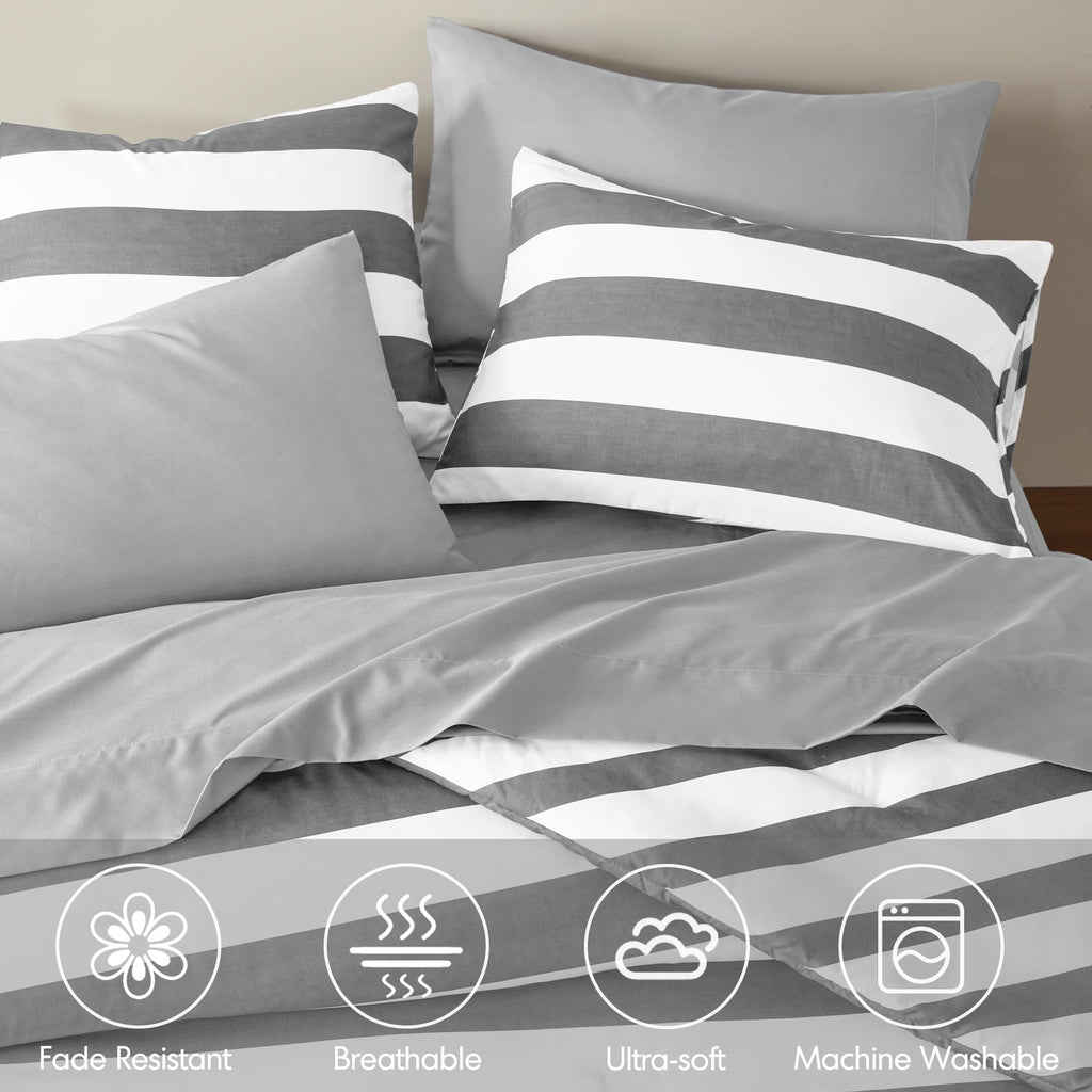 Heavyweight Warmth Full/Queen Size Comforter Sets, 3-Piece Bedding Set Full/Queen, Reversible Striped Comforter Bed Set, Charcoal - All-Season Down Alternative Comforter Insert Detail