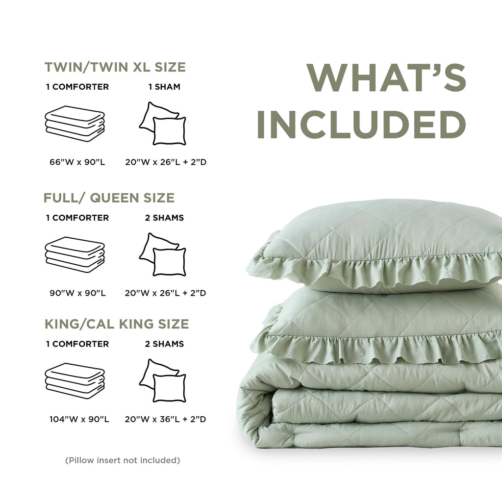 Fluffy Down Alternative Full/Queen Comforter Set Sage, 3 Pieces Quilted Ruffle Comforters Full/Queen Size, Solid Bedding Comforters Sets, Gif... - Hypoallergenic Ultra-Fluffy Quilt for Winter Detail