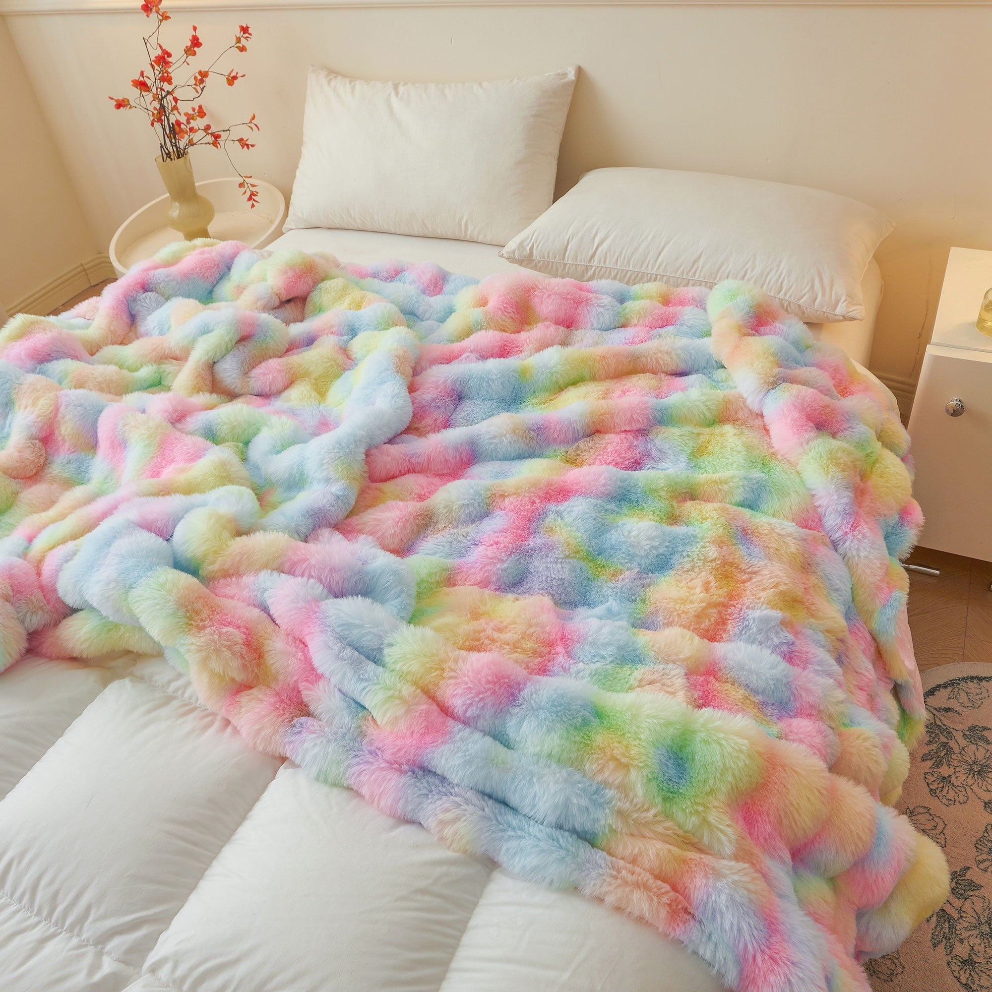 Super Soft Flannel Fluffy Faux Rabbit Fur Bubble Throw, Rainbow Plush Shaggy Blanket for Couch Sofa Chair, Soft Tie Dye Furry Blanket Ad... - Lightweight Plush Warm Blanket for All Seasons Detail