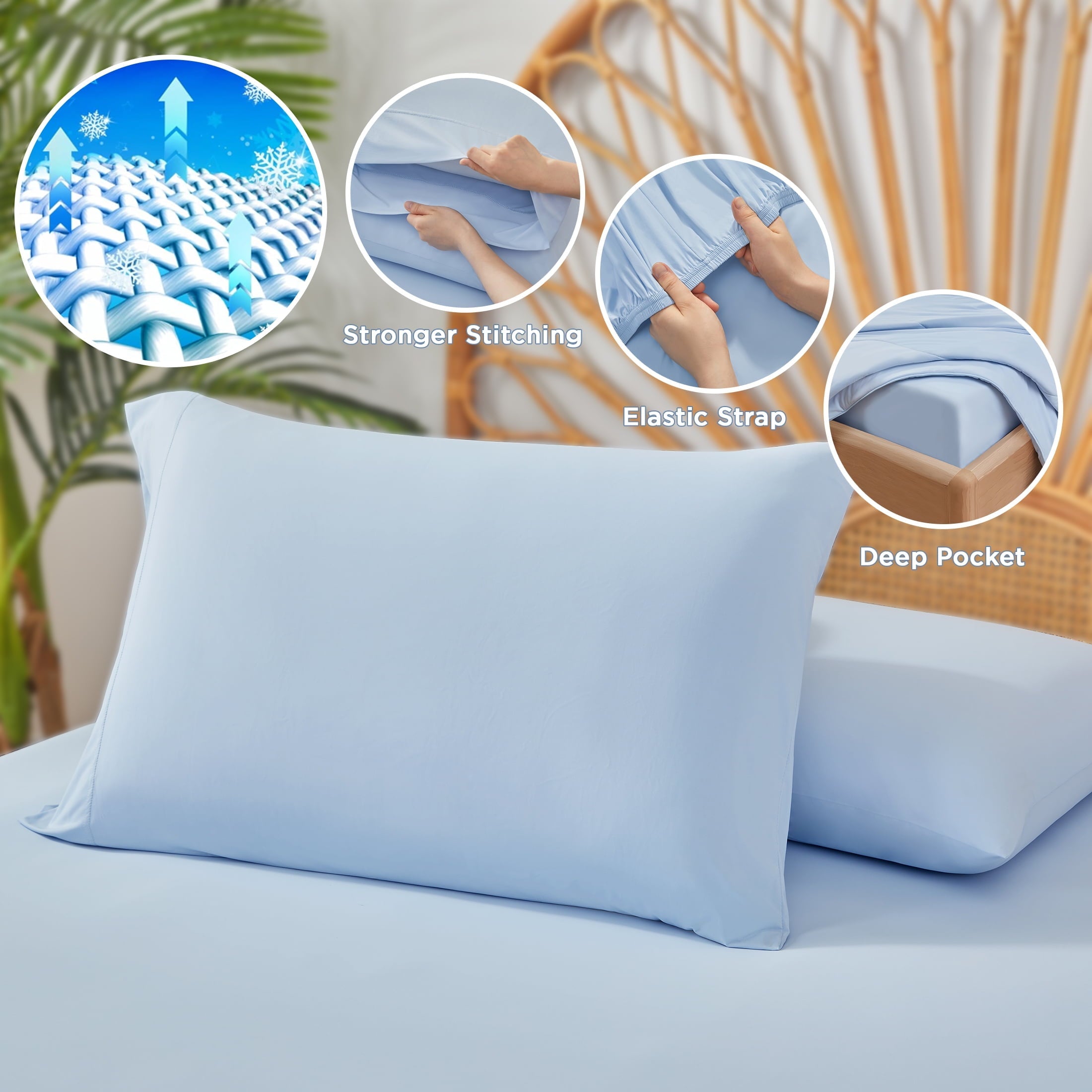 Premium Egyptian Cotton Full/QueenSize Sheet Set, 3 Piece Cooling Bed Sheet with Deep Pocket for Hot Sleepers, Ice Blue - Premium Ultra-Soft Pillowcase Pair for Sleeping Detail