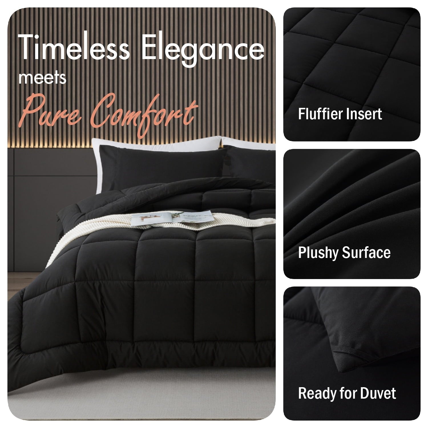 All-Season Queen Size 3-Piece All-Season Down Alternative Comforter Set Deep Black (Comforter and Pillowcase Bedding Set / bed i... - Luxurious Quilted Duvet Cover Set Detail