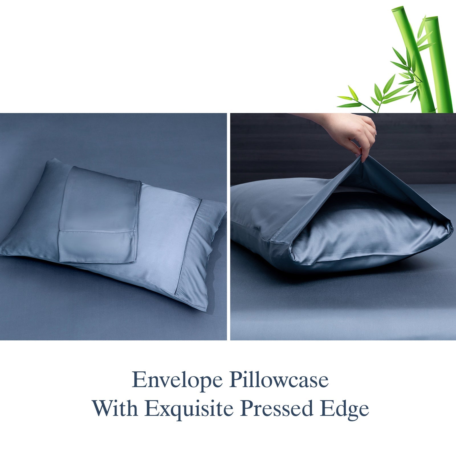 Cooling Sateen Luxury Bamboo Bed Sheets Set Full 4 Pcs for Adult,Soft&Cool,16" Deep Pocket,Blue Gray - Premium Ultra-Soft Pillowcase Pair for Sleeping Detail