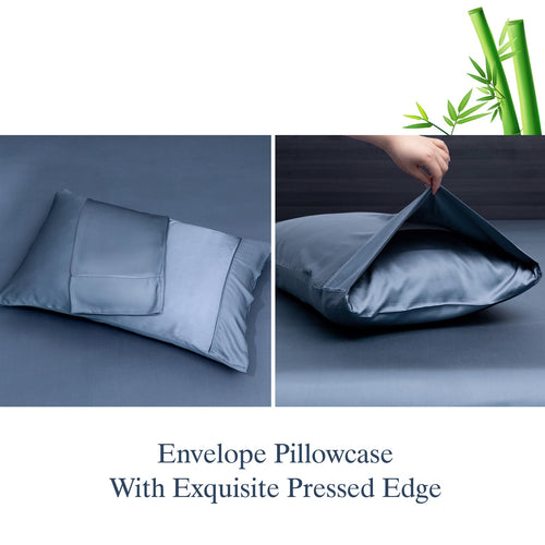 Cooling Sateen Luxury Bamboo Bed Sheets Set Full 4 Pcs for Adult,Soft&Cool,16" Deep Pocket,Blue Gray - Premium Ultra-Soft Pillowcase Pair for Sleeping Detail