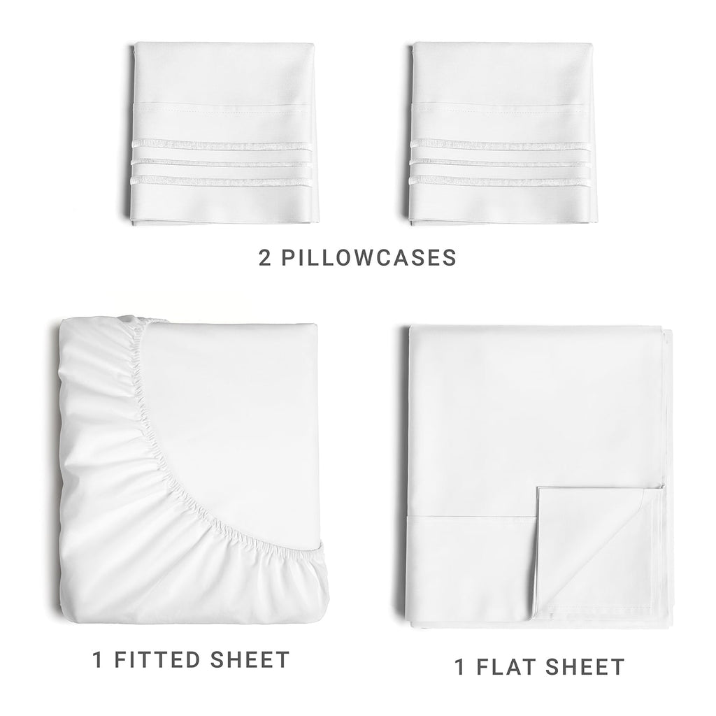 Breathable Luxury 4-Piece Ultra Soft & Comfy Hotel Luxury Sheet Set - Full Size Cooling Bed Sheet Fits 8"-16" Mattresses, White - Breathable Egyptian Cotton Flat & Fitted Sheets Detail