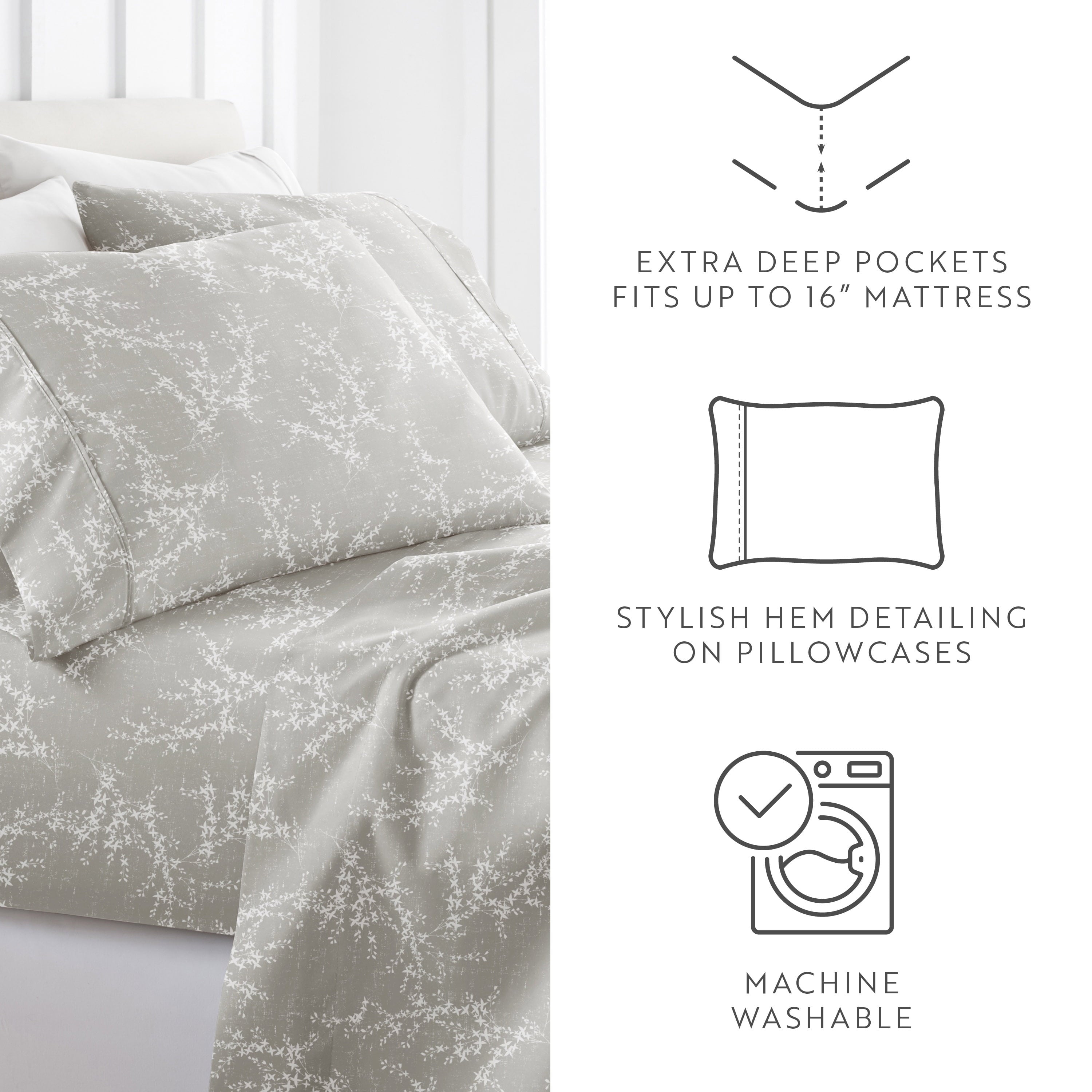 Wrinkle-Resistant 3 Piece Pattern Microfiber Bed Sheets Set, Distressed Willow Light Gray, Twin - Premium Ultra-Soft Pillowcase Pair for Sleeping Detail