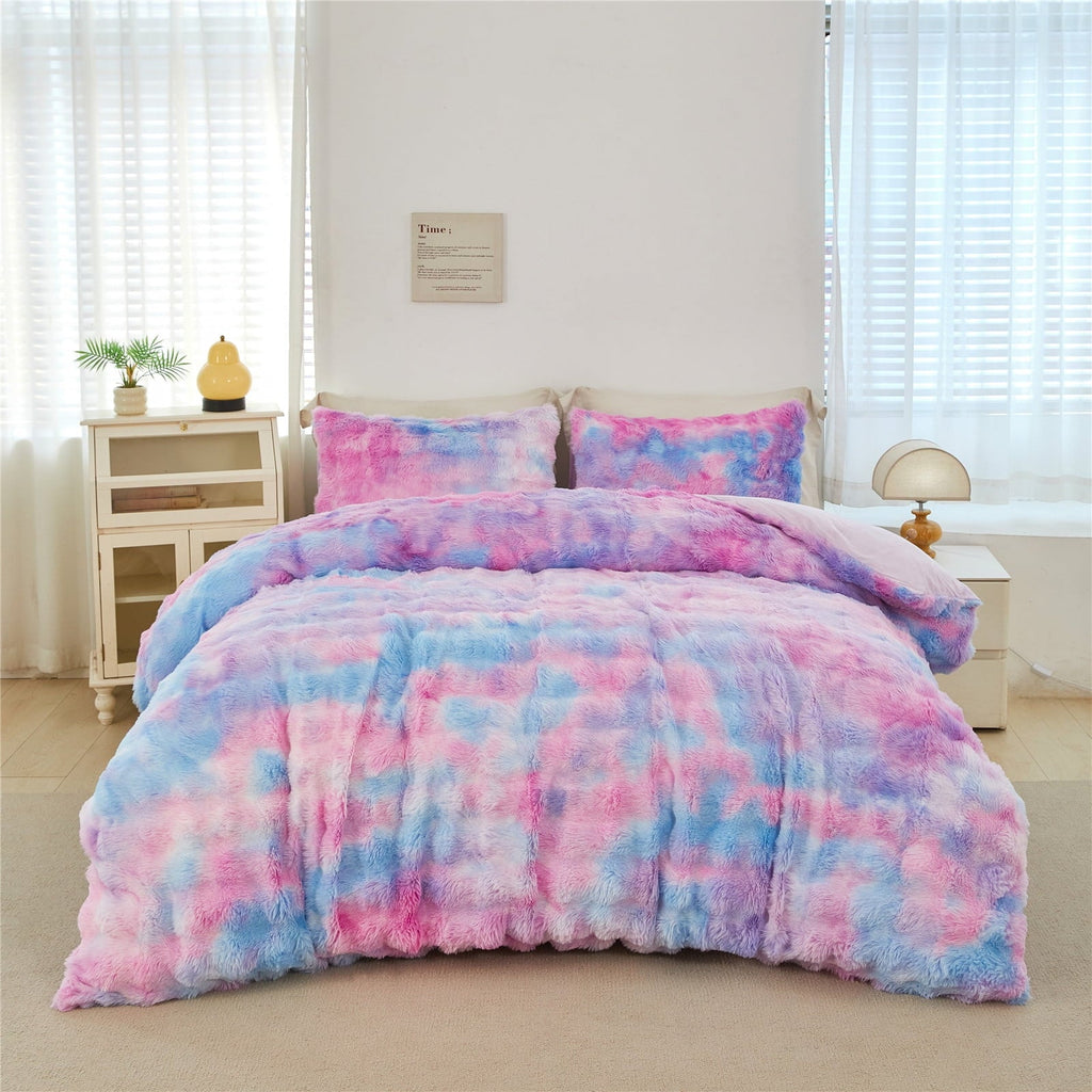 Hypoallergenic Cloud Faux Rabbit Fur Comforter Set Twin 3Pcs Girls Blue Purple Bedding Set Tie-Dyeing Soft Bed Comforter Set Warm Fuzzy Ki... - Hypoallergenic Ultra-Fluffy Quilt for Winter Detail
