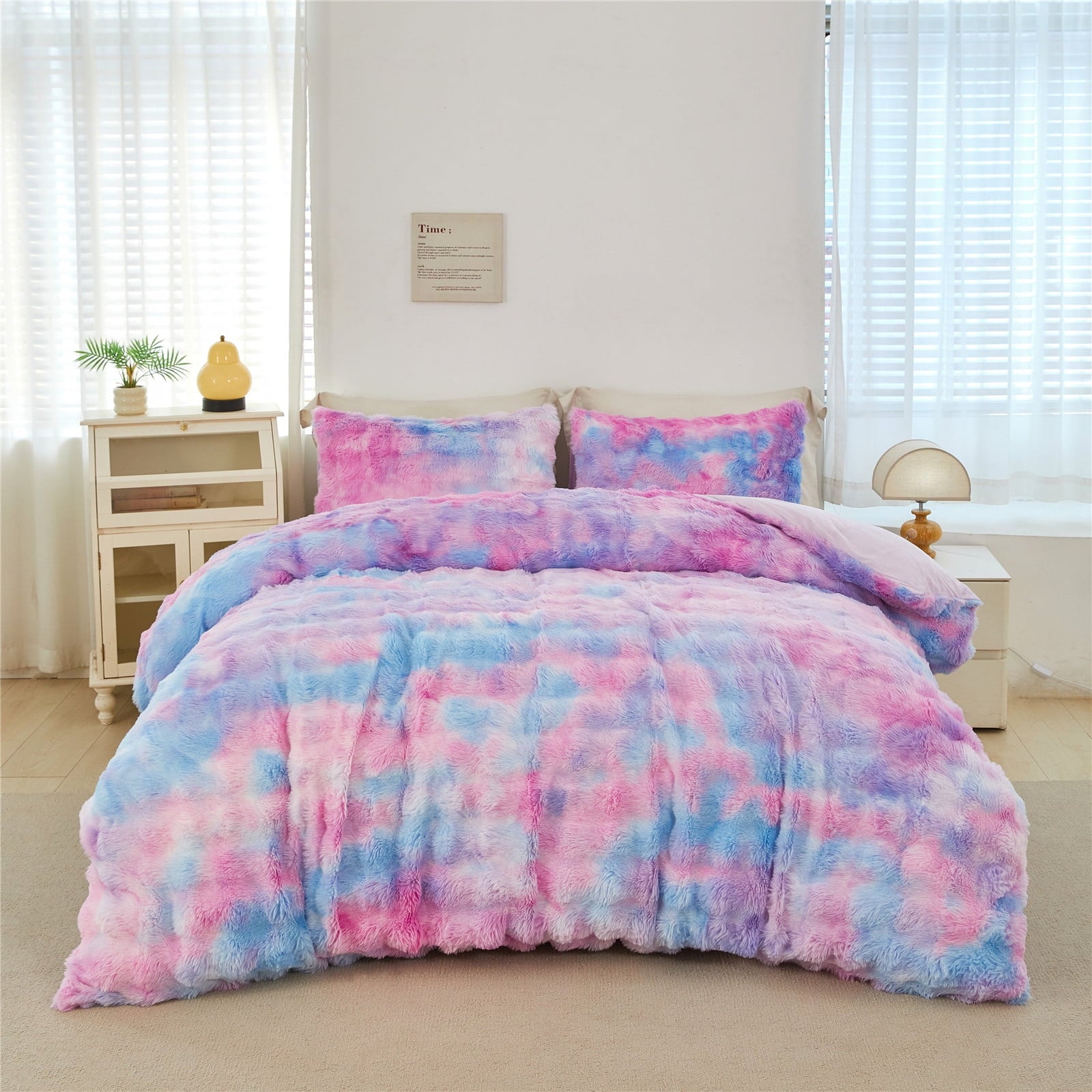 Hypoallergenic Cloud Faux Rabbit Fur Comforter Set Twin 3Pcs Girls Blue Purple Bedding Set Tie-Dyeing Soft Bed Comforter Set Warm Fuzzy Ki... - Hypoallergenic Ultra-Fluffy Quilt for Winter Detail